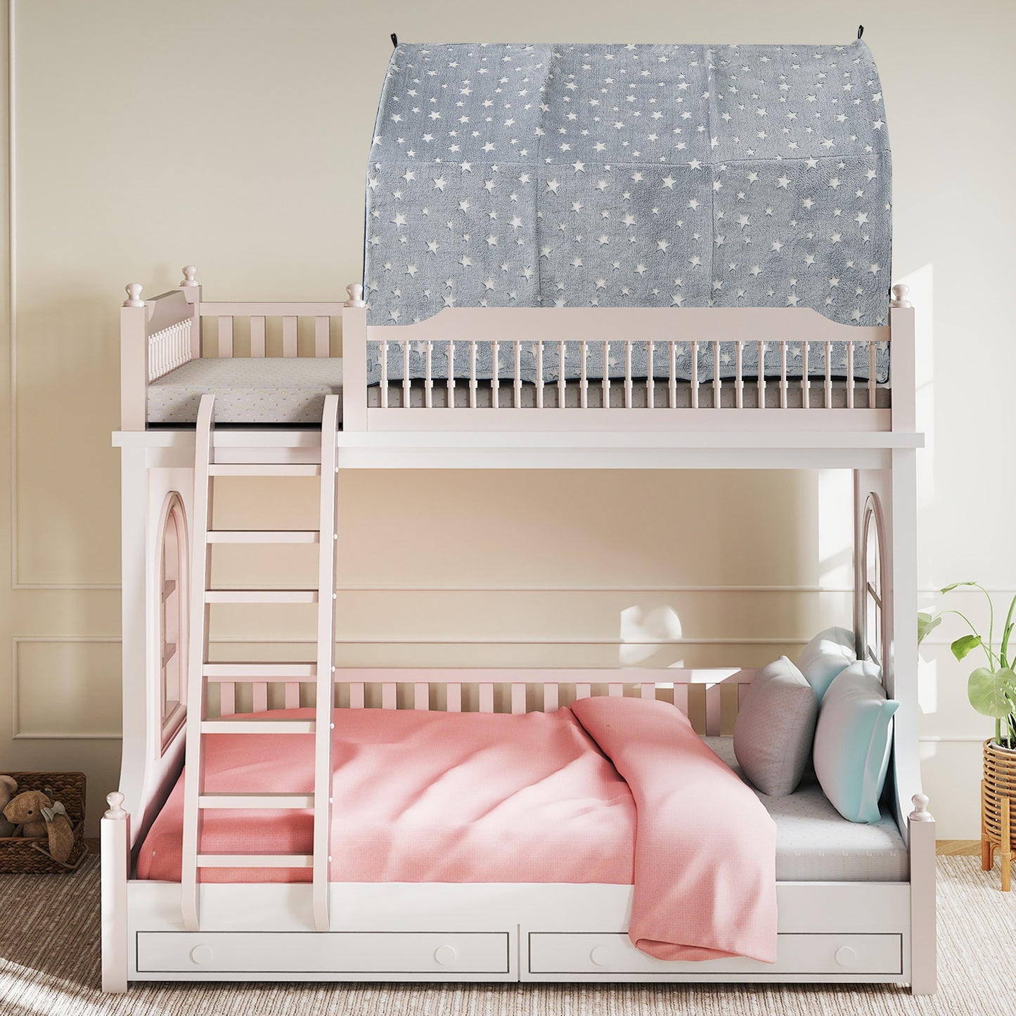 Kids Dream Bed Tent Twin Bunk Bed with Glow in the Dark Stars and Lights-Gray Kids Crystal