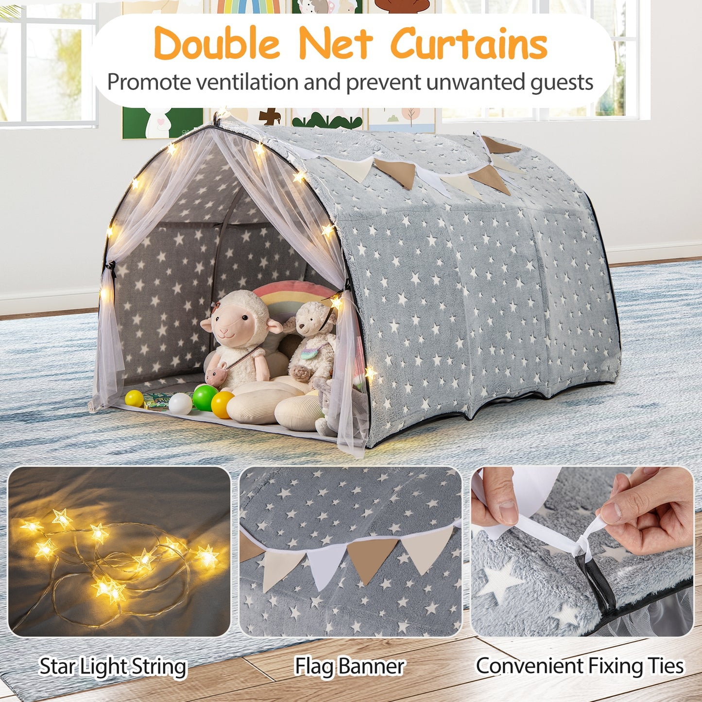 Kids Dream Bed Tent Twin Bunk Bed with Glow in the Dark Stars and Lights-Gray Kids Crystal