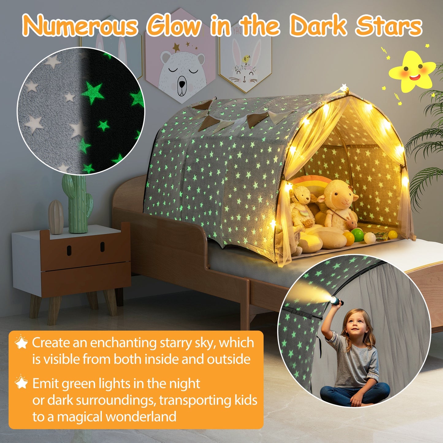 Kids Dream Bed Tent Twin Bunk Bed with Glow in the Dark Stars and Lights-Gray Kids Crystal