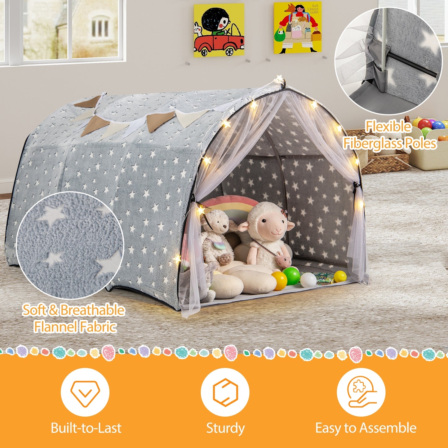 Kids Dream Bed Tent Twin Bunk Bed with Glow in the Dark Stars and Lights-Gray Kids Crystal