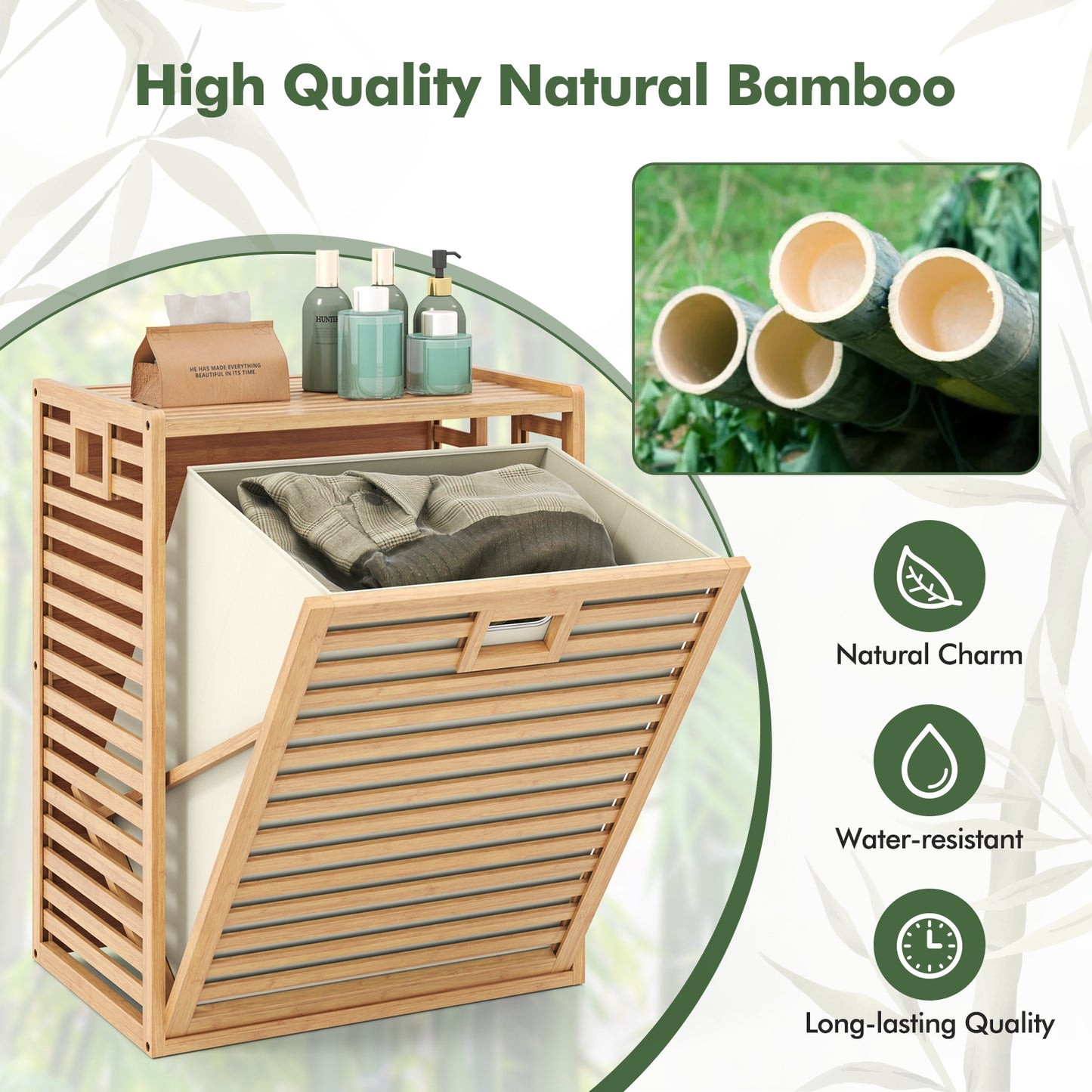 18 Gal Bamboo Tilt-out Laundry Hamper with Removable Fabric Bin-Natural Kids Crystal
