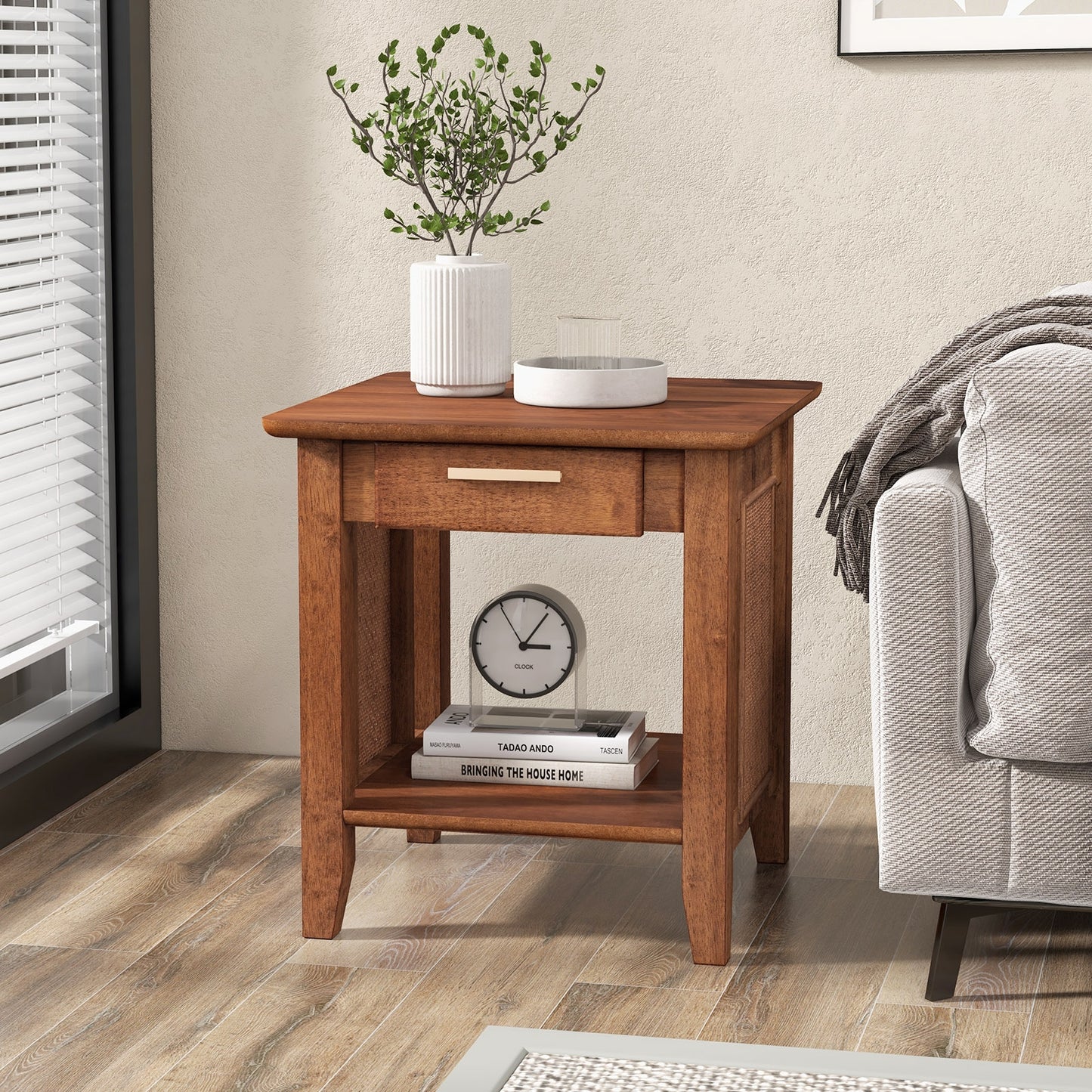 Rattan Nightstand End Table with Drawer and Storage Shelf-Walnut Kids Crystal