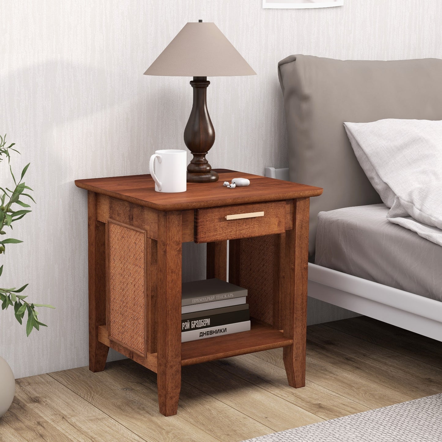 Rattan Nightstand End Table with Drawer and Storage Shelf-Walnut Kids Crystal