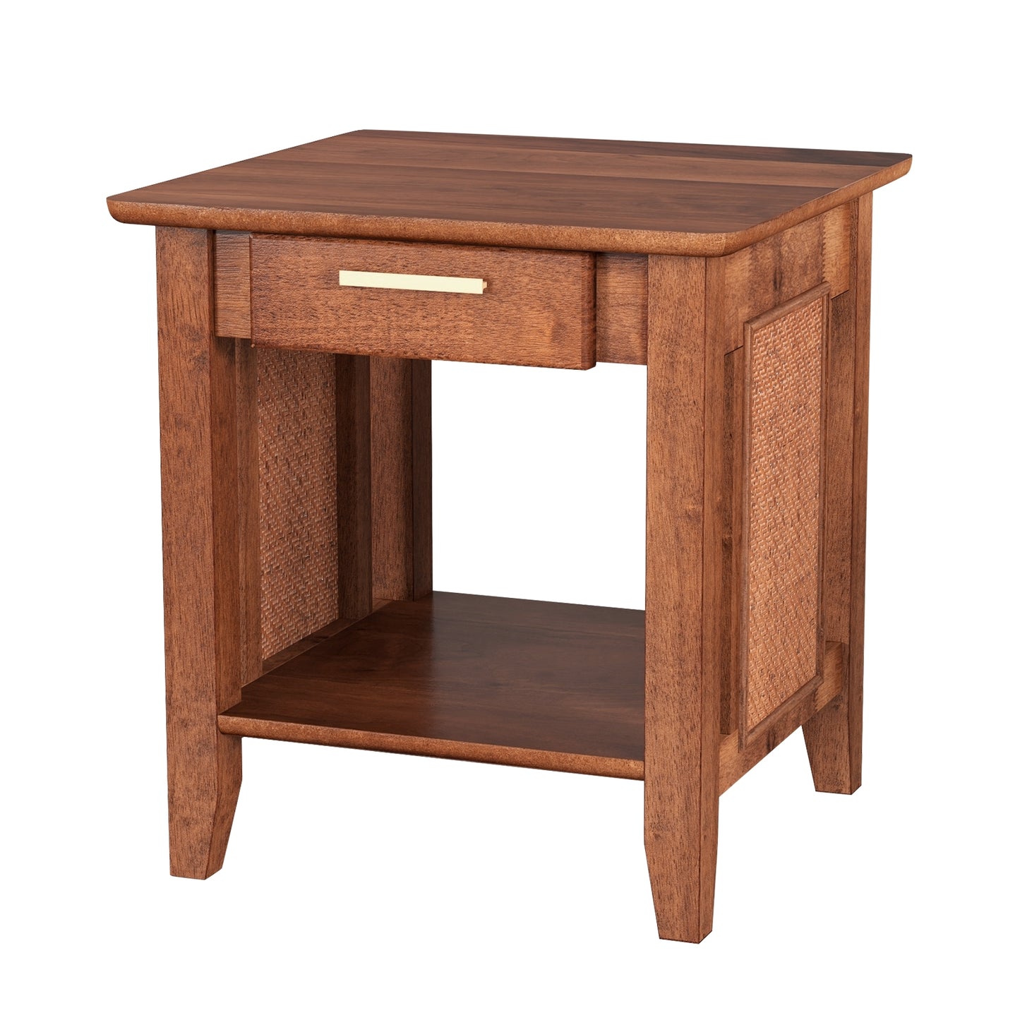 Rattan Nightstand End Table with Drawer and Storage Shelf-Walnut Kids Crystal