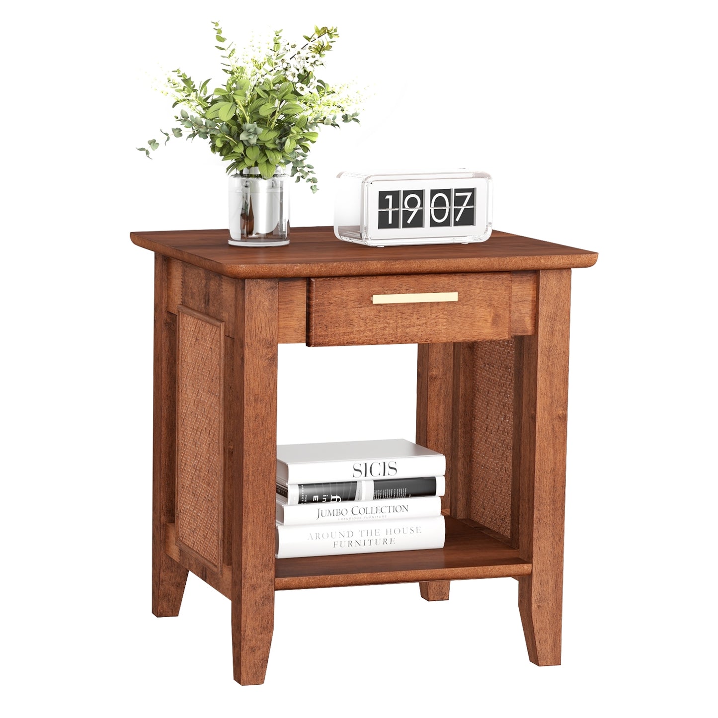 Rattan Nightstand End Table with Drawer and Storage Shelf-Walnut Kids Crystal
