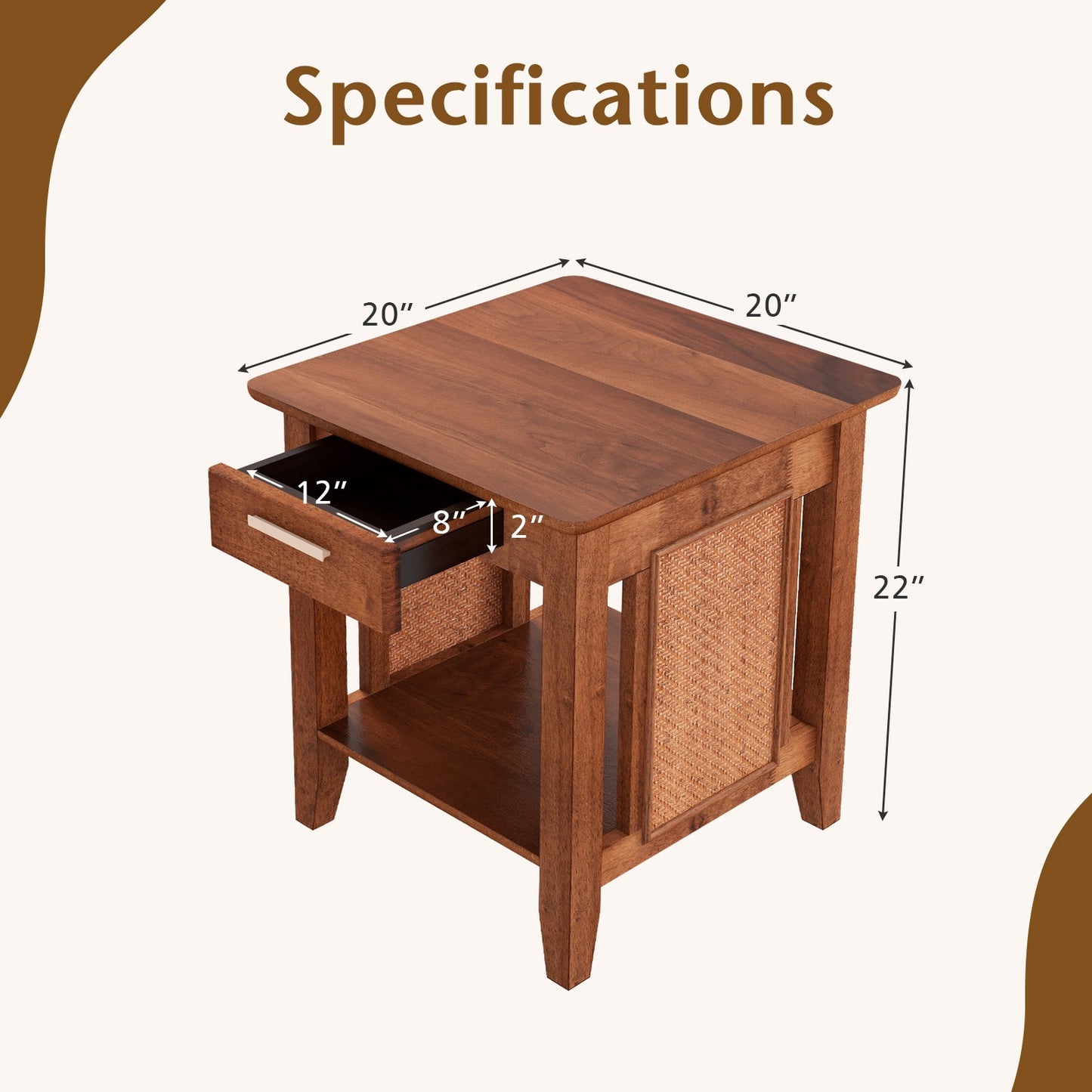 Rattan Nightstand End Table with Drawer and Storage Shelf-Walnut Kids Crystal
