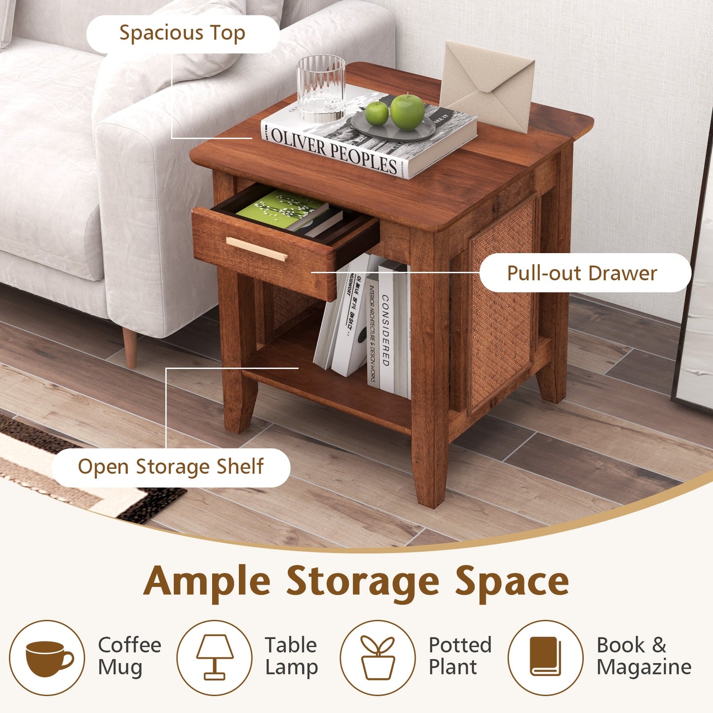 Rattan Nightstand End Table with Drawer and Storage Shelf-Walnut Kids Crystal