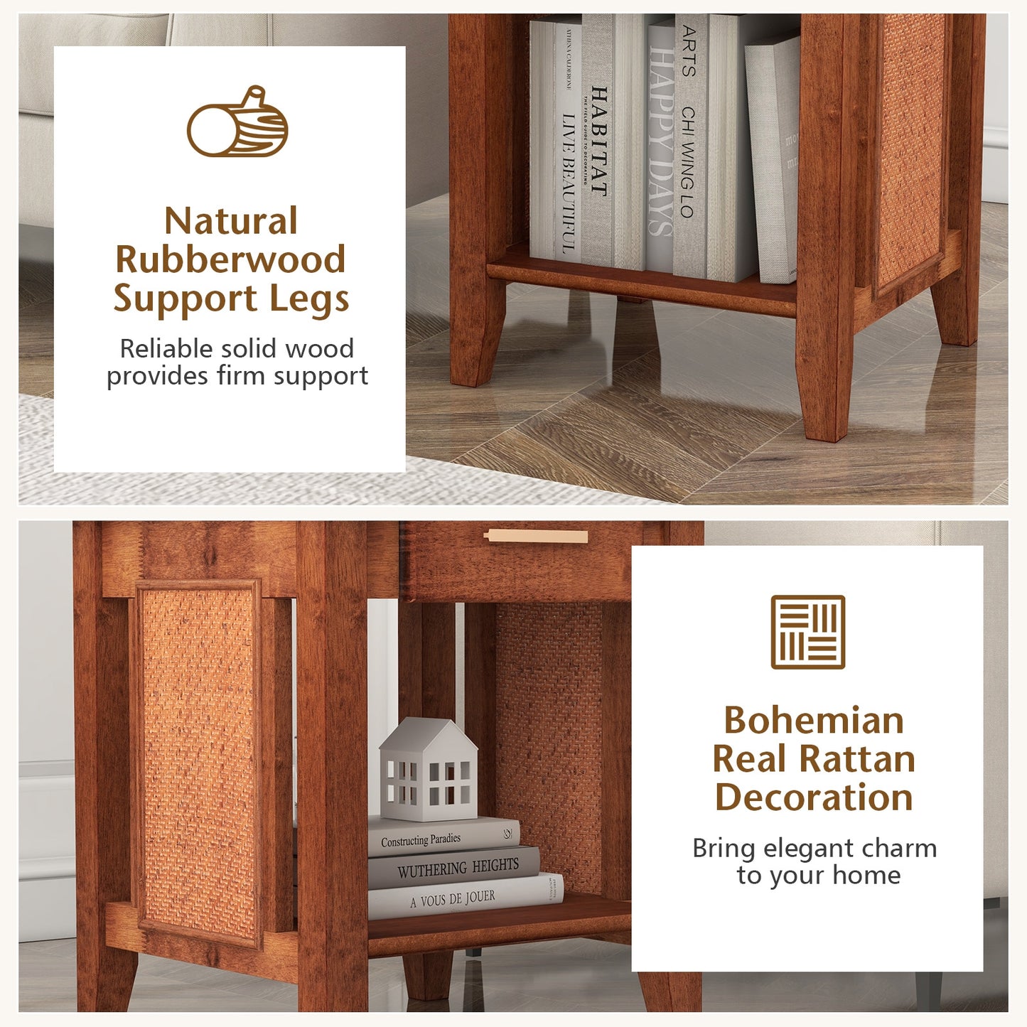 Rattan Nightstand End Table with Drawer and Storage Shelf-Walnut Kids Crystal