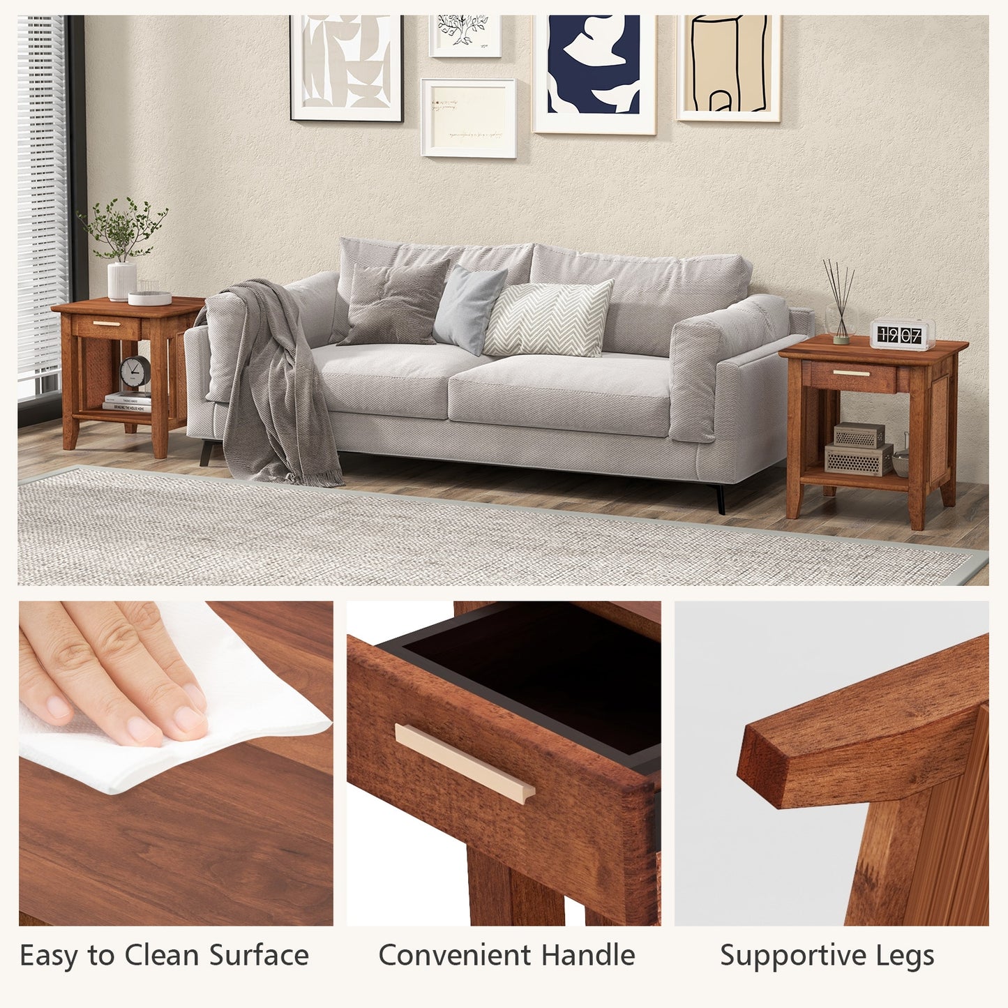 Rattan Nightstand End Table with Drawer and Storage Shelf-Walnut Kids Crystal