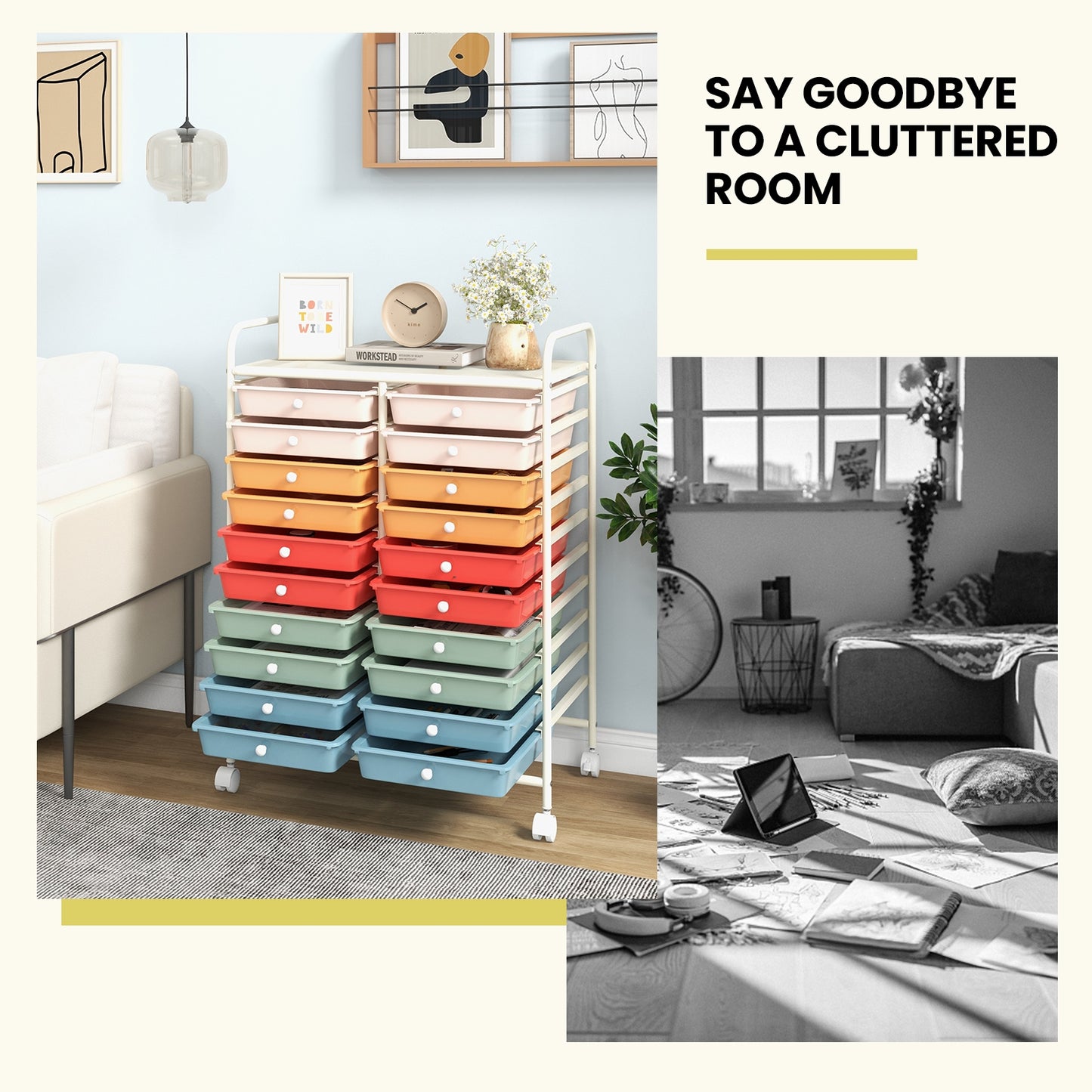 20 Drawers Rolling Storage Cart Studio Organizer-Deep Multicolor Kids Crystal