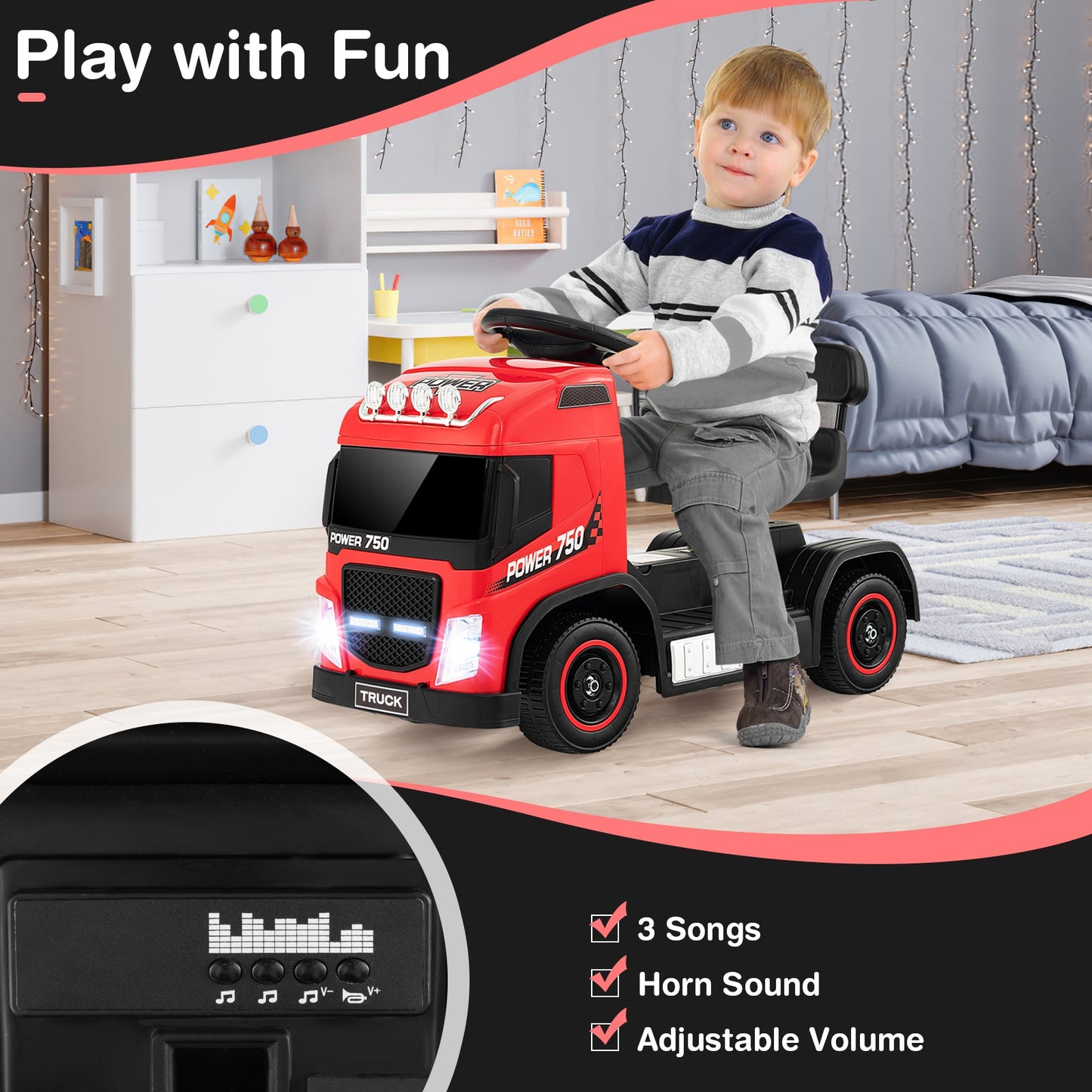 6V Kids Electric Ride-on Truck with Height Adjustable Seat-Red Kids Crystal