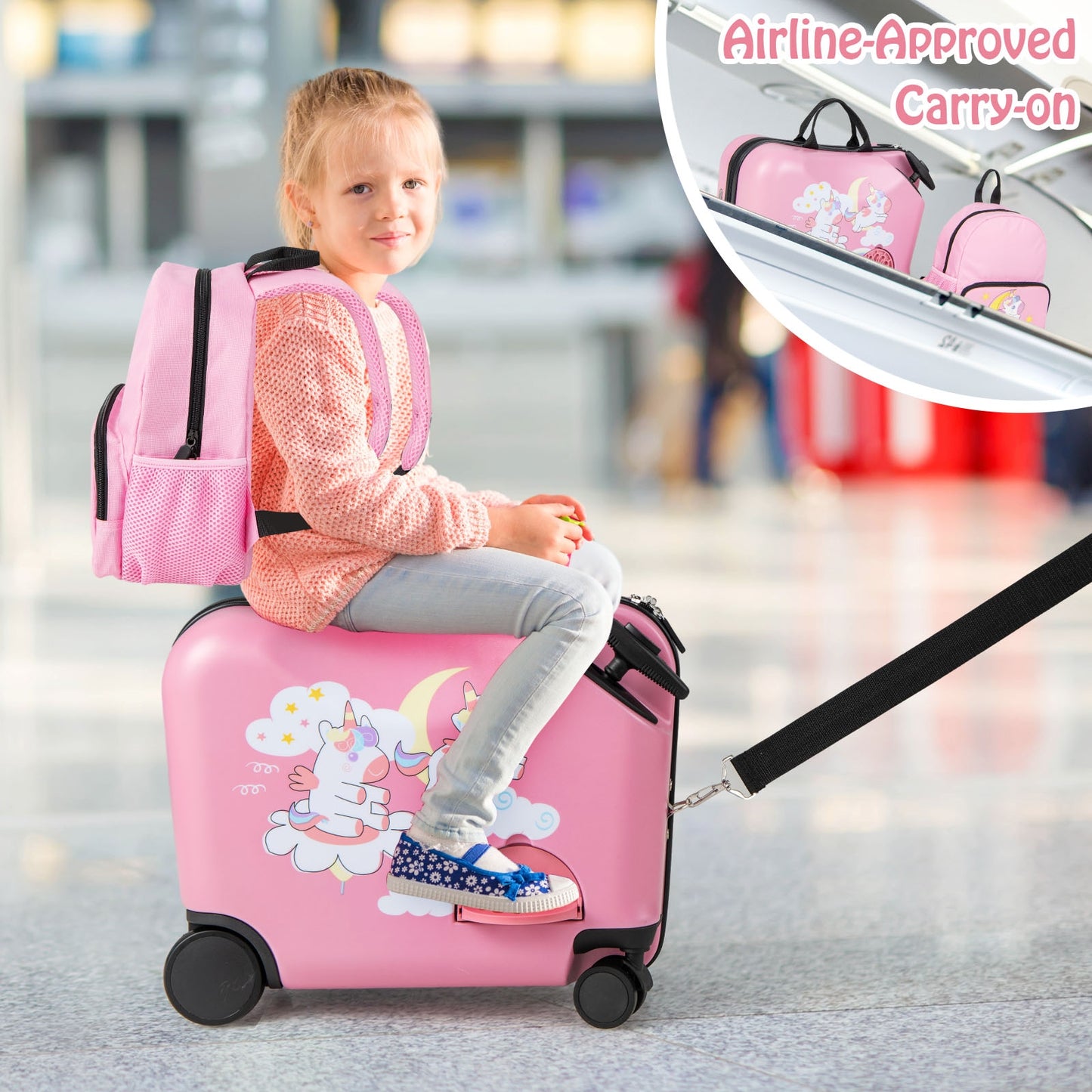2 Pieces Kid Luggage Set with Spinner Wheels and Aluminum Handle-Pink Kids Crystal