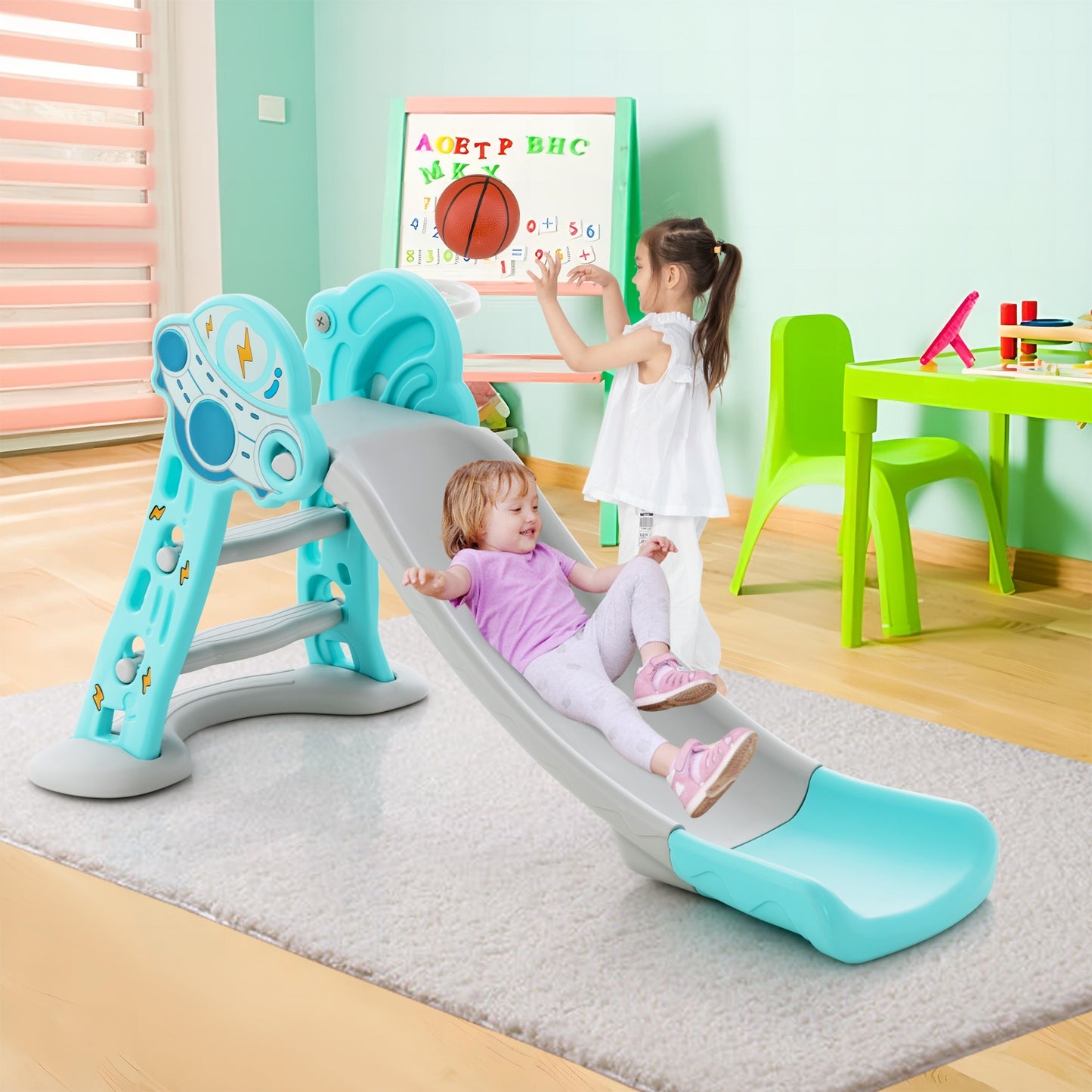 3-in-1 Folding Slide Playset with Basketball Hoop and Small Basketball-Blue Kids Crystal