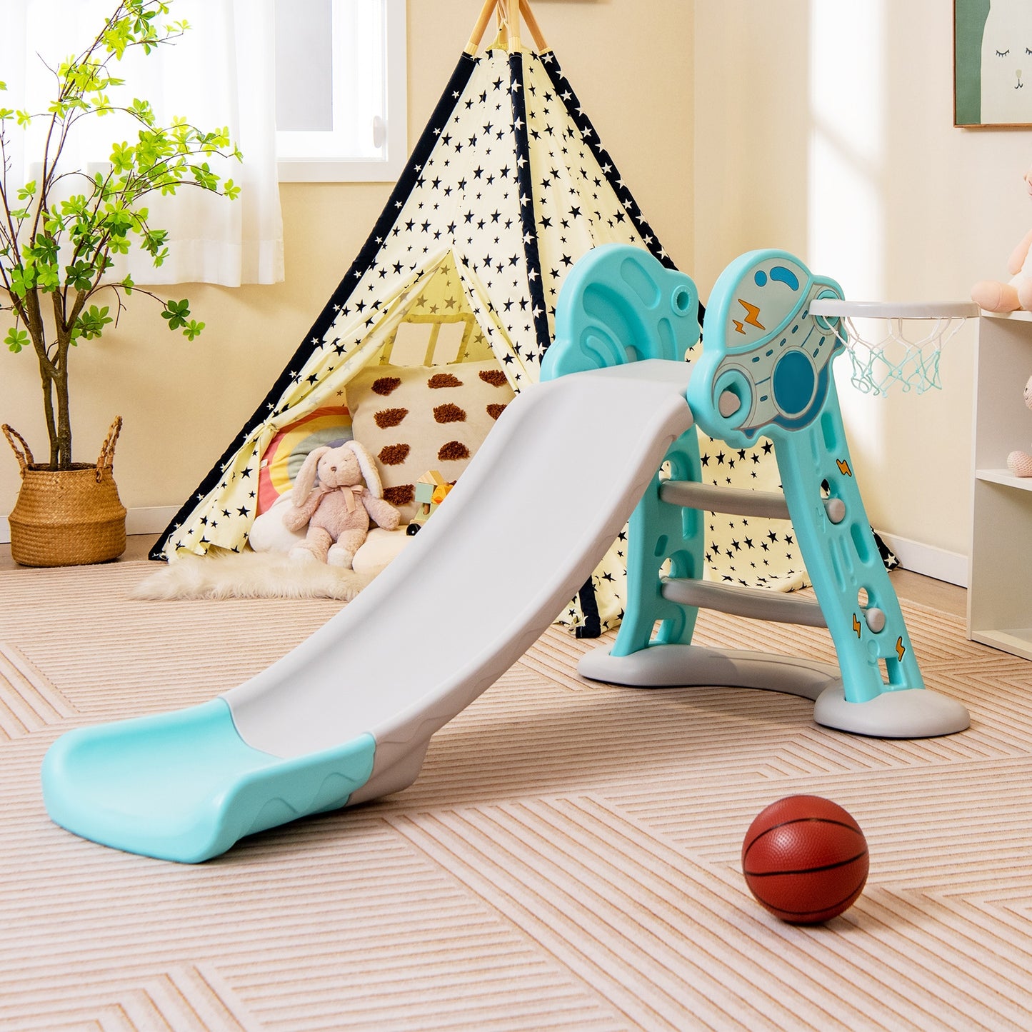 3-in-1 Folding Slide Playset with Basketball Hoop and Small Basketball-Blue Kids Crystal