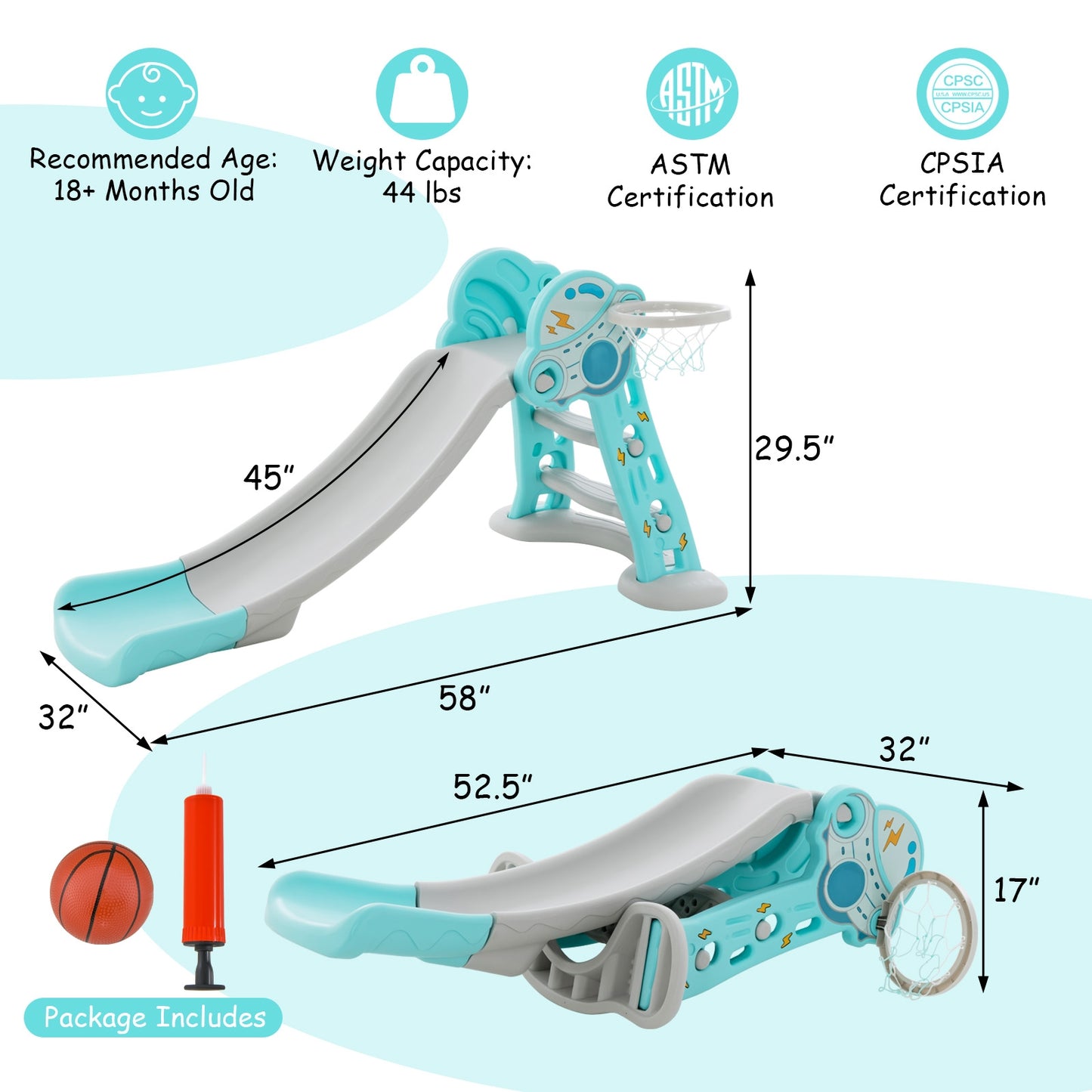 3-in-1 Folding Slide Playset with Basketball Hoop and Small Basketball-Blue Kids Crystal