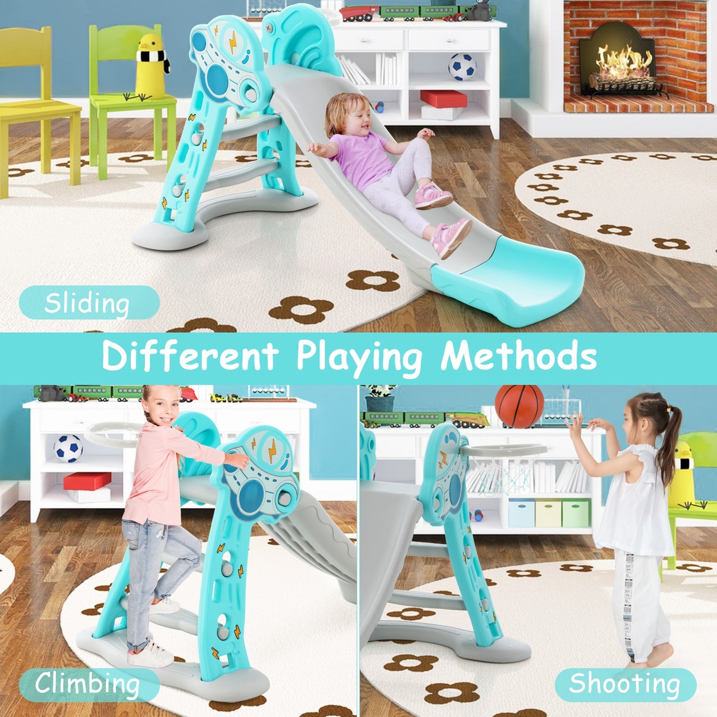 3-in-1 Folding Slide Playset with Basketball Hoop and Small Basketball-Blue Kids Crystal