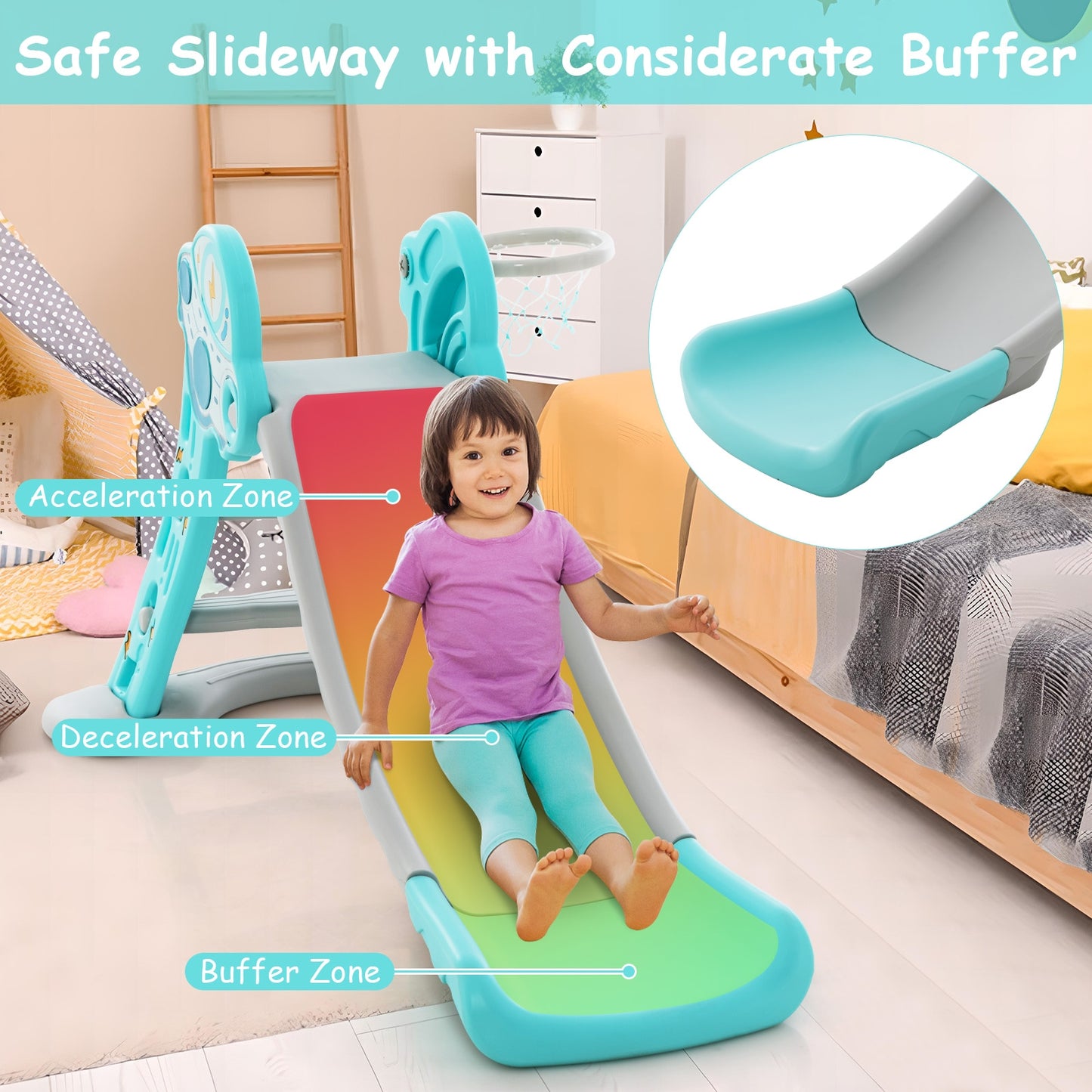 3-in-1 Folding Slide Playset with Basketball Hoop and Small Basketball-Blue Kids Crystal