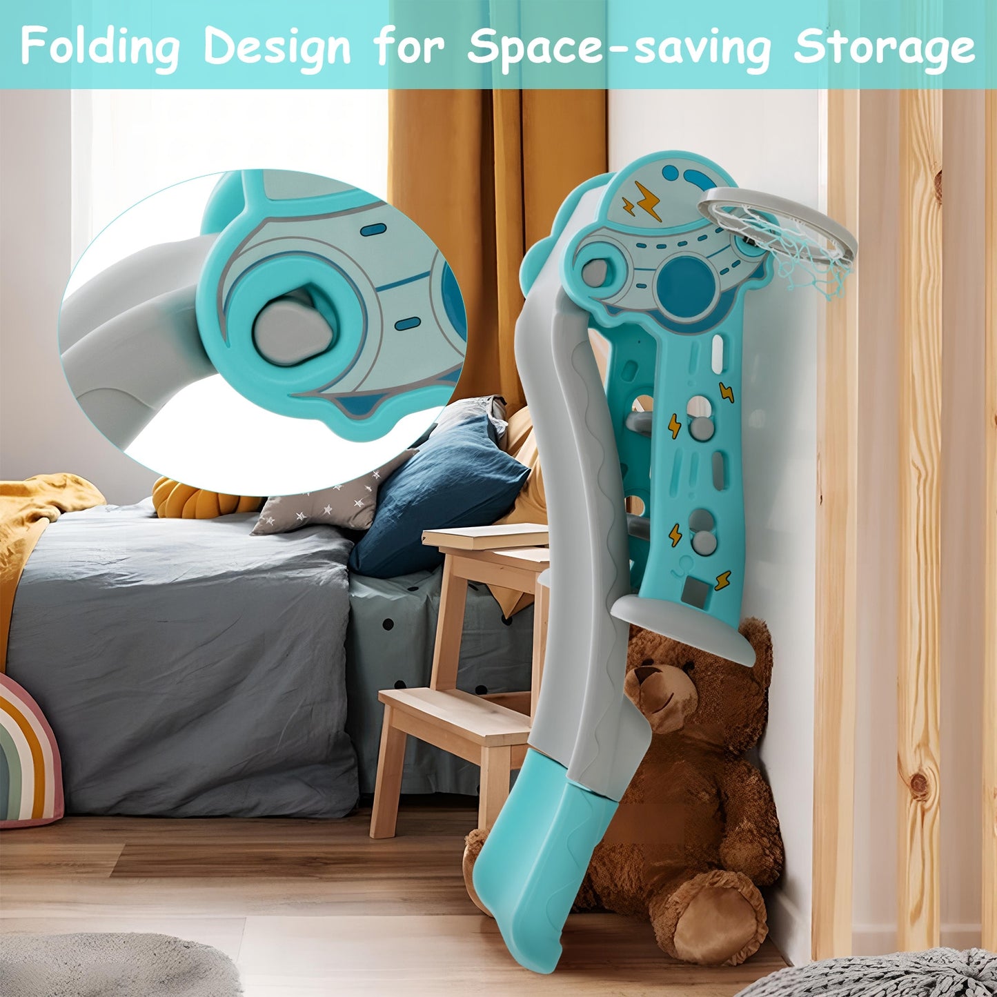 3-in-1 Folding Slide Playset with Basketball Hoop and Small Basketball-Blue Kids Crystal