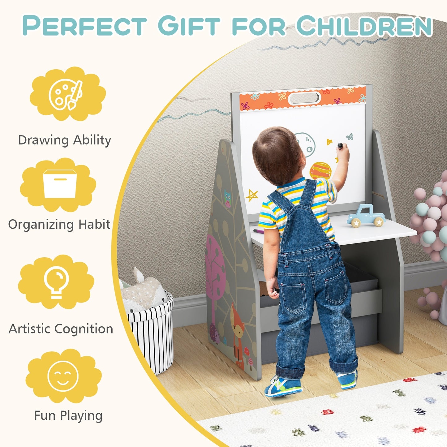3 in 1 Kids Easel and Play Station Convertible with Chair and Storage Bins-Gray Kids Crystal