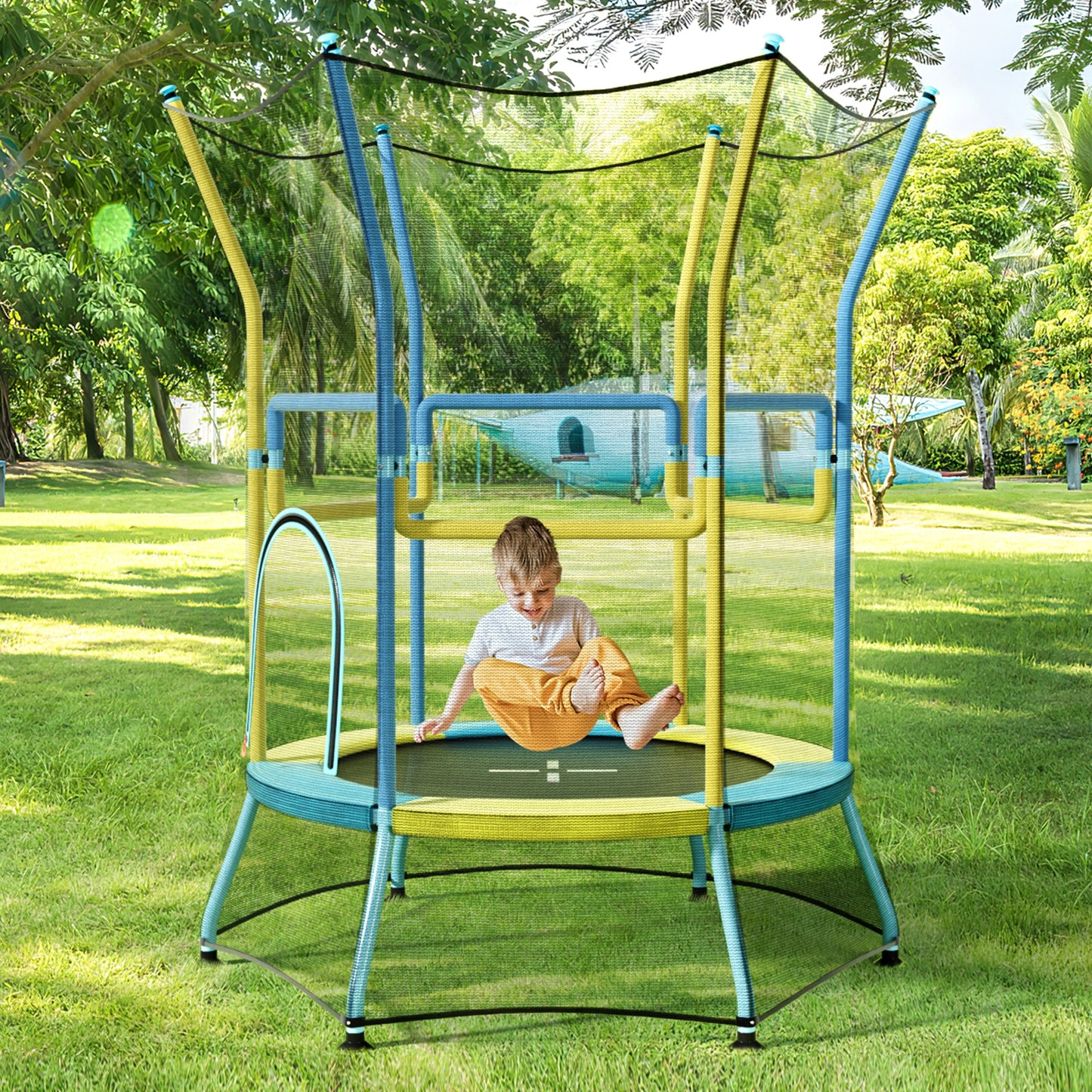 Mini Trampoline for Kids with Safety Enclosure Net and Foam Handles-Yellow Kids Crystal