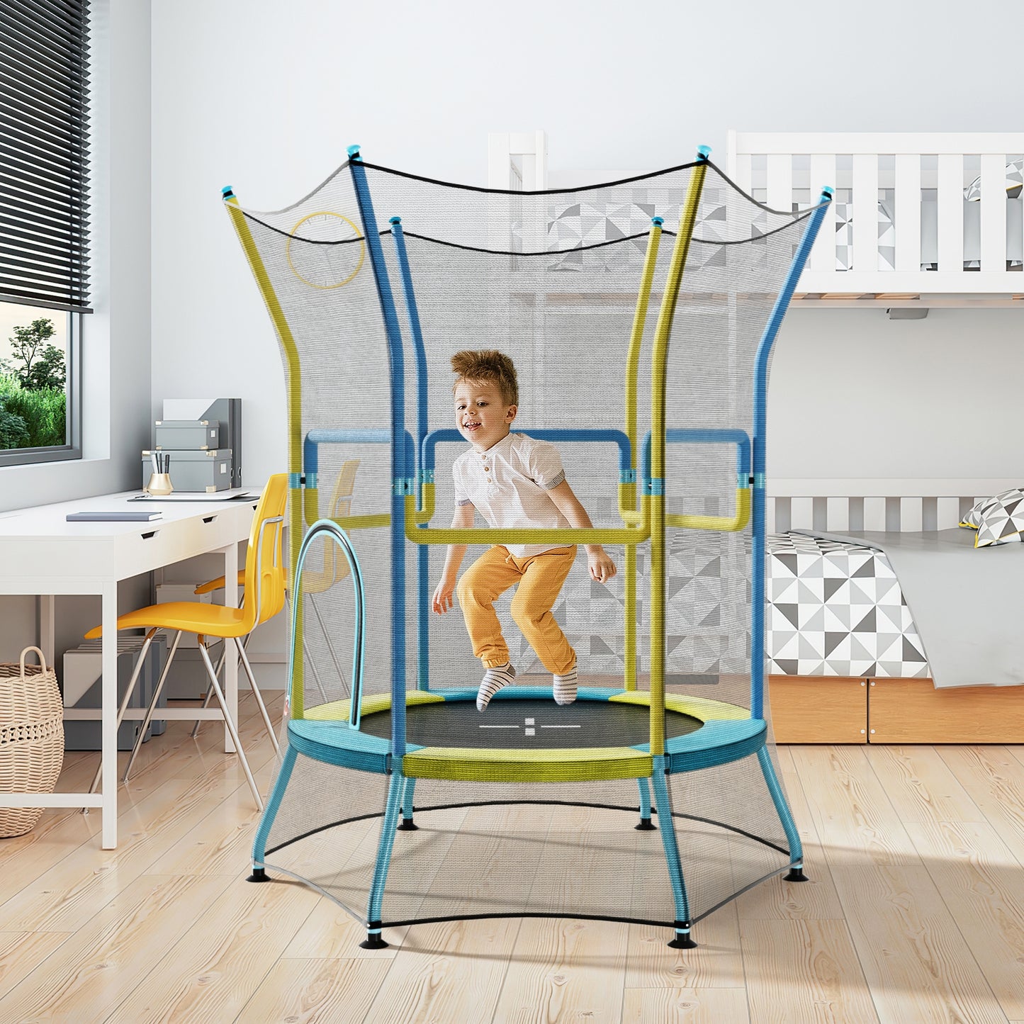 Mini Trampoline for Kids with Safety Enclosure Net and Foam Handles-Yellow Kids Crystal