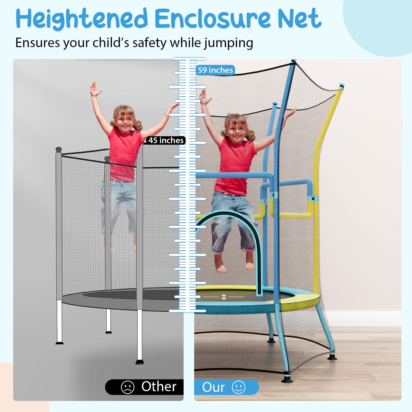 Mini Trampoline for Kids with Safety Enclosure Net and Foam Handles-Yellow Kids Crystal