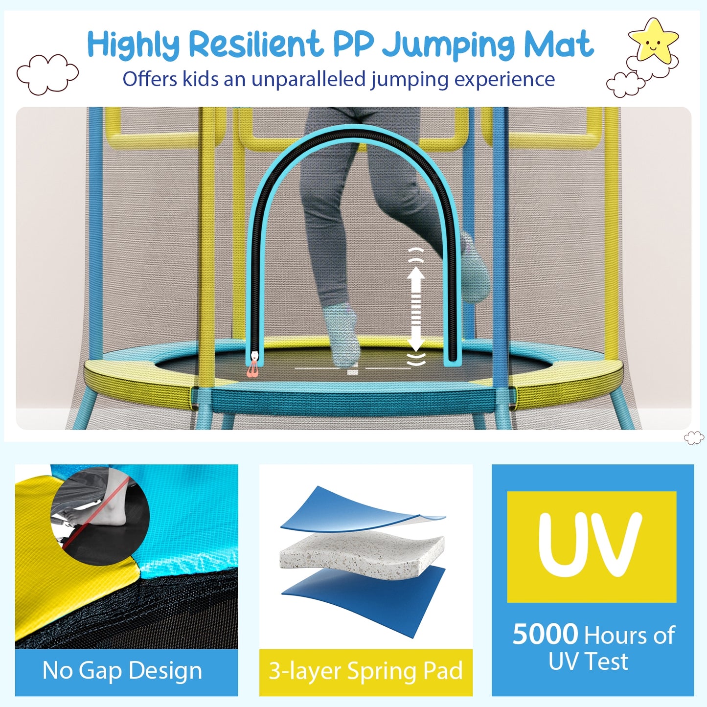 Mini Trampoline for Kids with Safety Enclosure Net and Foam Handles-Yellow Kids Crystal