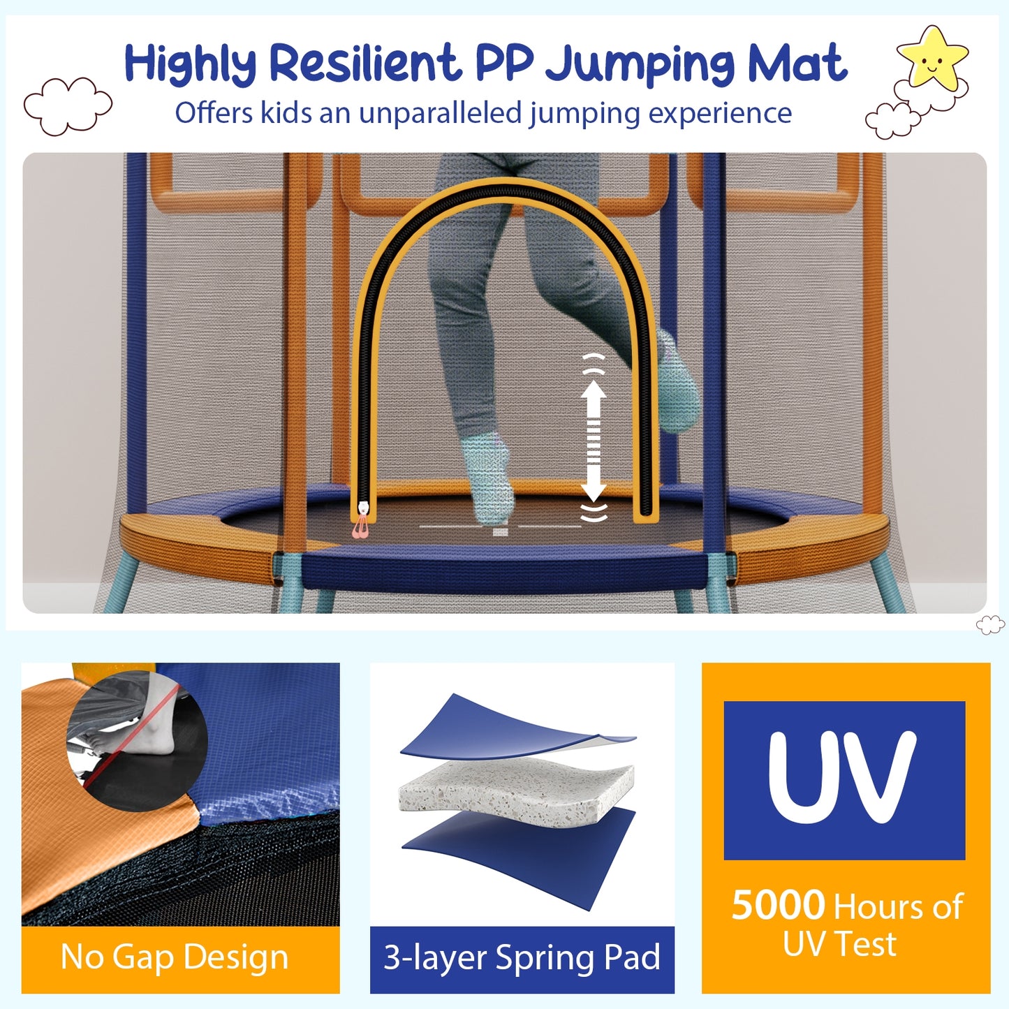 Mini Trampoline for Kids with Safety Enclosure Net and Foam Handles-Orange Kids Crystal