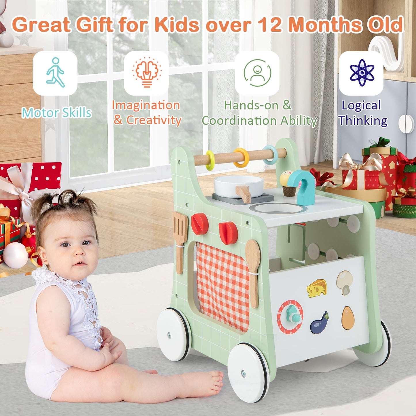 6-in-1 Wooden Baby Stroller with Play Kitchen for Kids Over 12 Months-Green Kids Crystal