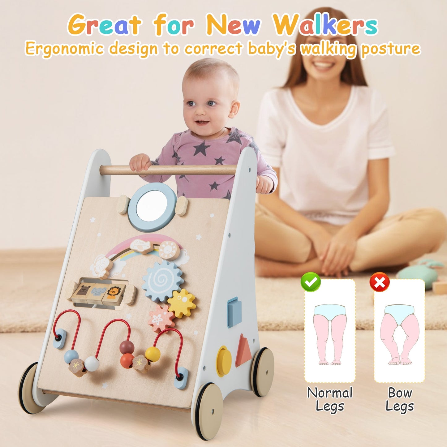 Wooden Baby Walker with Multiple Activities Center for Over 1 Year Old-White Kids Crystal