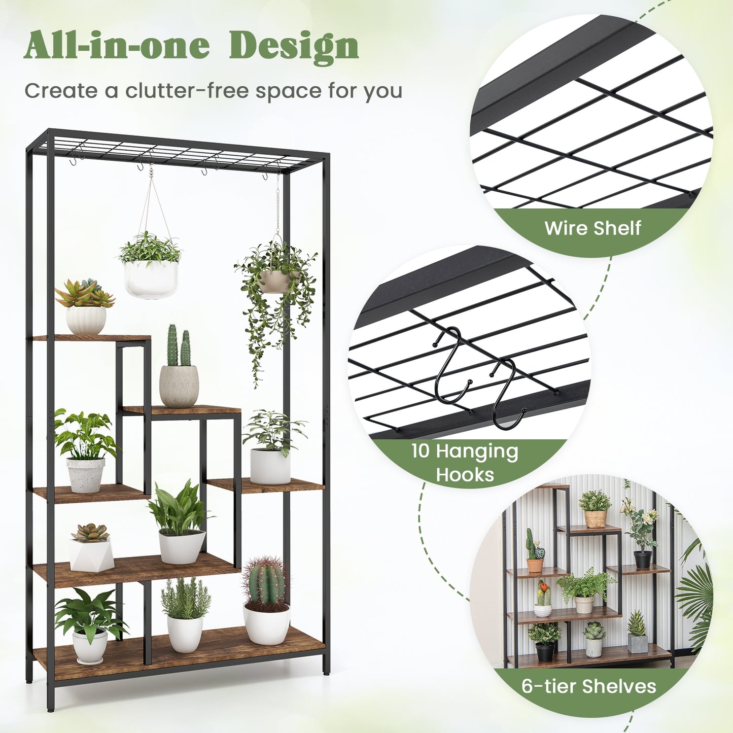 6-Tier Tall Plant Stand 71 Inch Metal Indoor Plant Shelf with 10 Hanging Hooks-Rustic Brown Kids Crystal