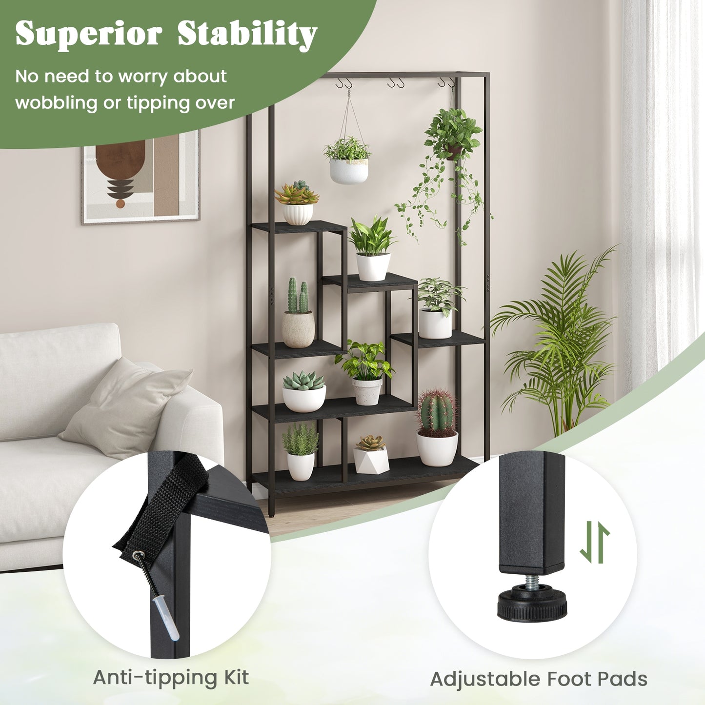 6-Tier Tall Plant Stand 71 Inch Metal Indoor Plant Shelf with 10 Hanging Hooks-Black Kids Crystal