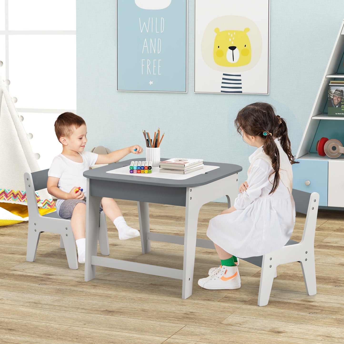 Kid's Table and Chairs Set with Double-sized Tabletop-Gray Kids Crystal