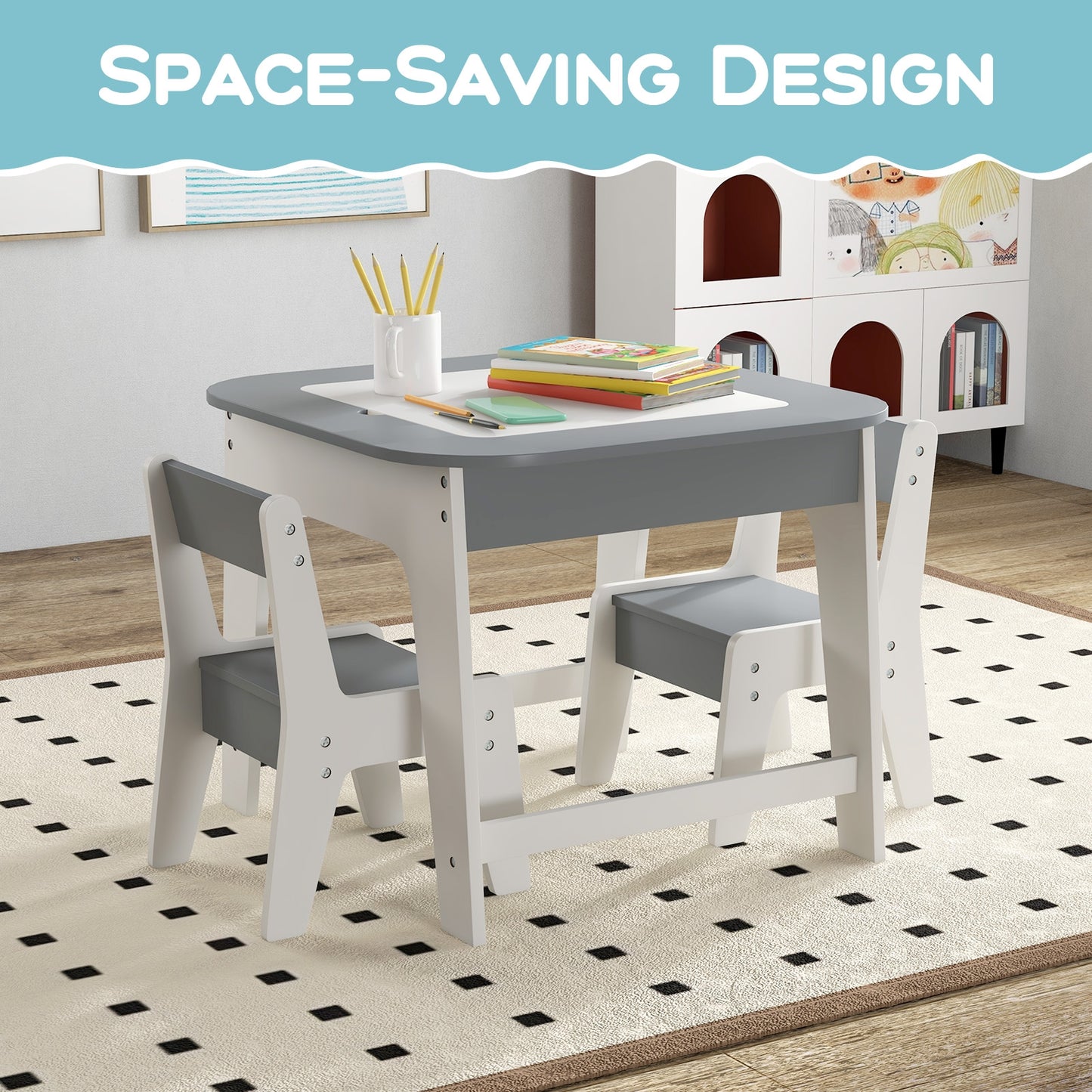 Kid's Table and Chairs Set with Double-sized Tabletop-Gray Kids Crystal
