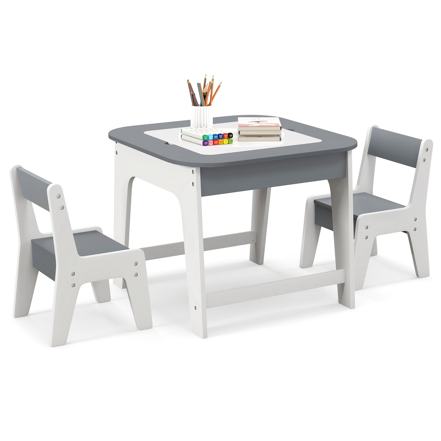 Kid's Table and Chairs Set with Double-sized Tabletop-Gray Kids Crystal