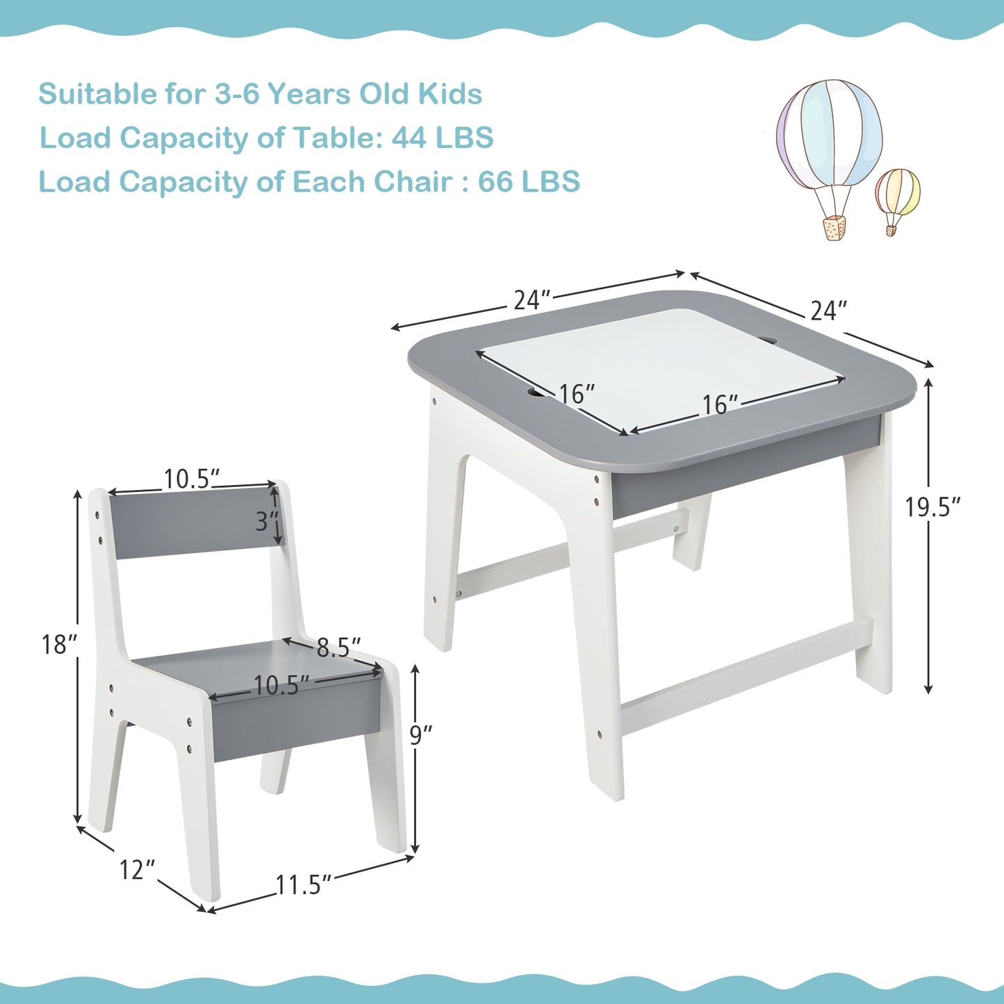 Kid's Table and Chairs Set with Double-sized Tabletop-Gray Kids Crystal