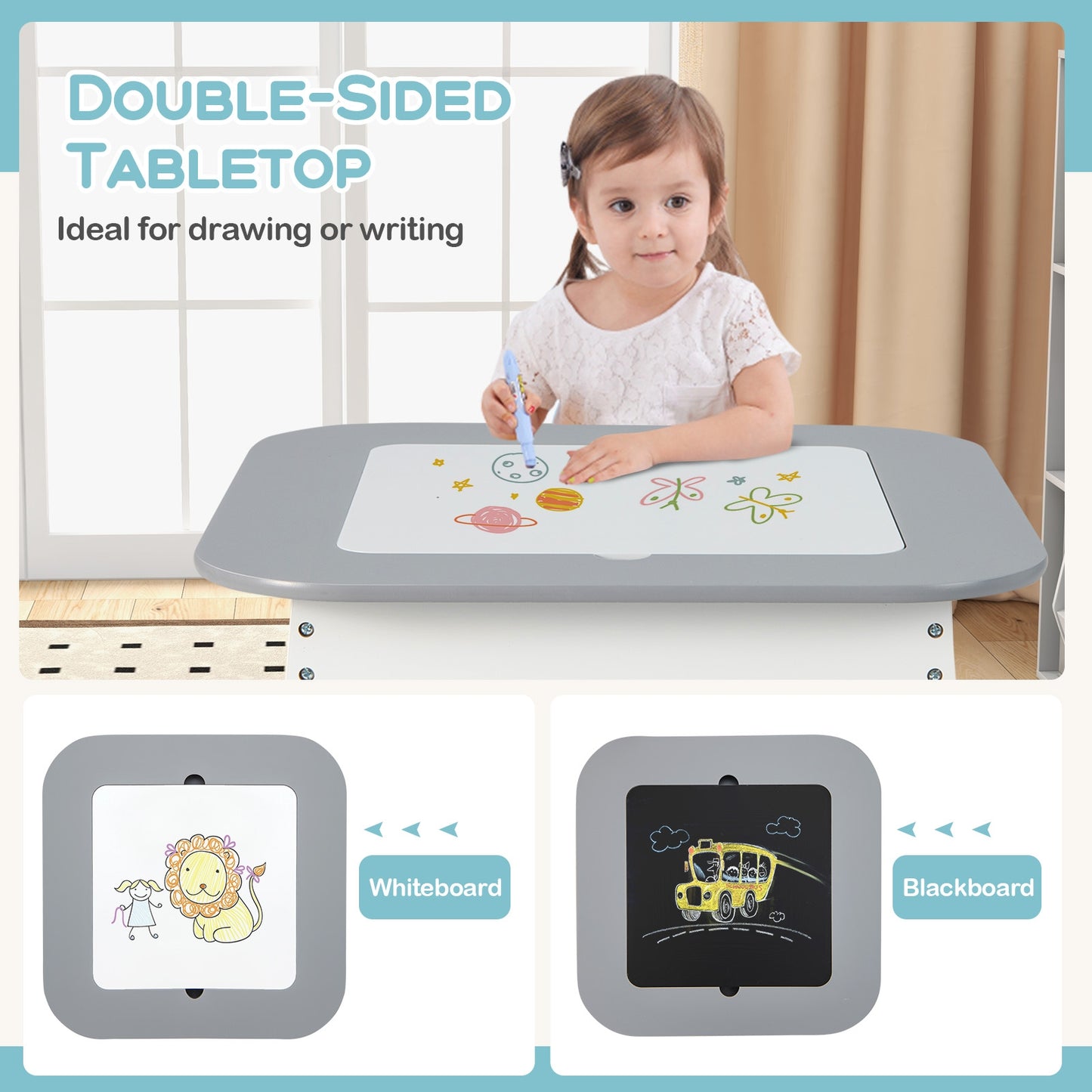 Kid's Table and Chairs Set with Double-sized Tabletop-Gray Kids Crystal