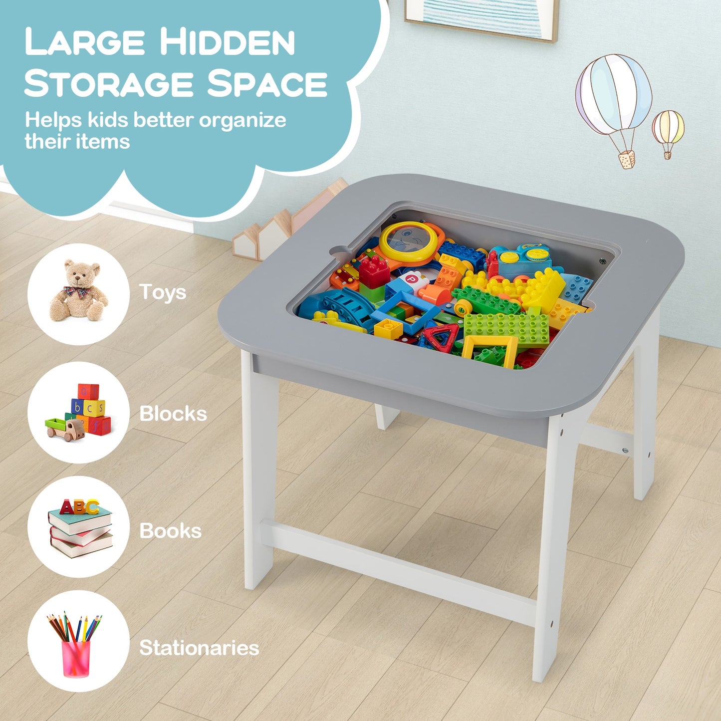 Kid's Table and Chairs Set with Double-sized Tabletop-Gray Kids Crystal