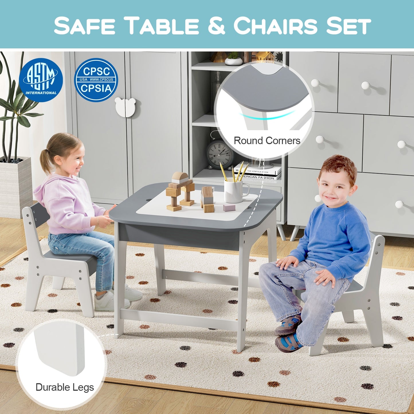 Kid's Table and Chairs Set with Double-sized Tabletop-Gray Kids Crystal