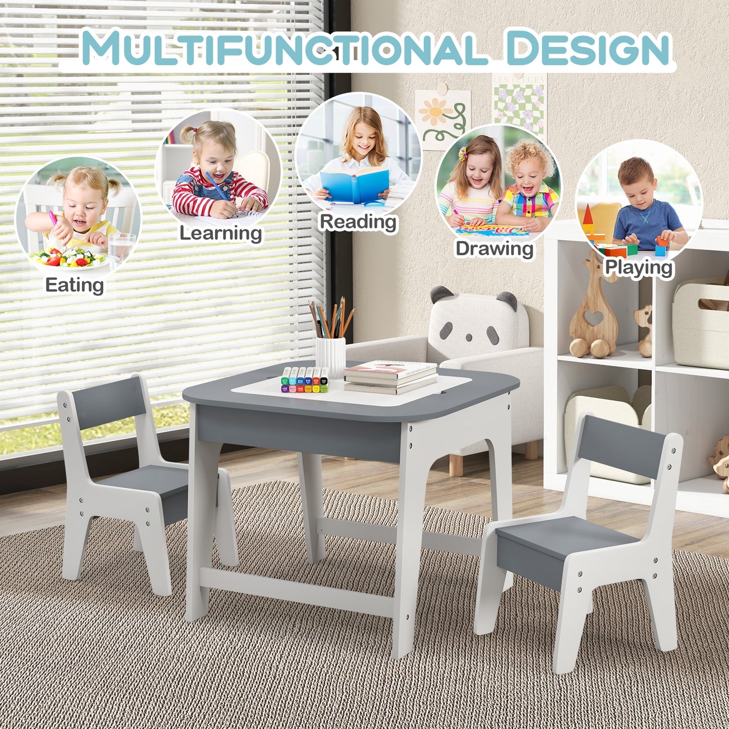 Kid's Table and Chairs Set with Double-sized Tabletop-Gray Kids Crystal