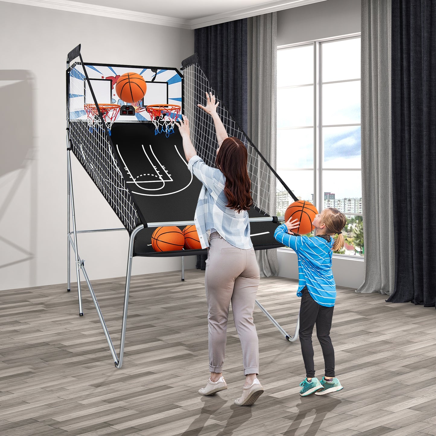 Indoor Double Electronic Basketball Game with 4 Balls-White Kids Crystal