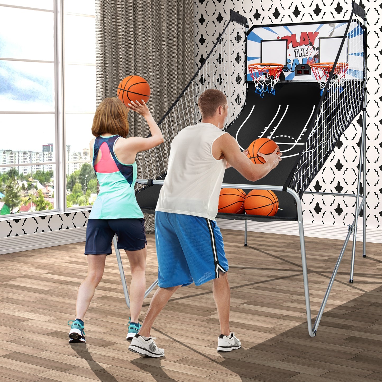Indoor Double Electronic Basketball Game with 4 Balls-White Kids Crystal