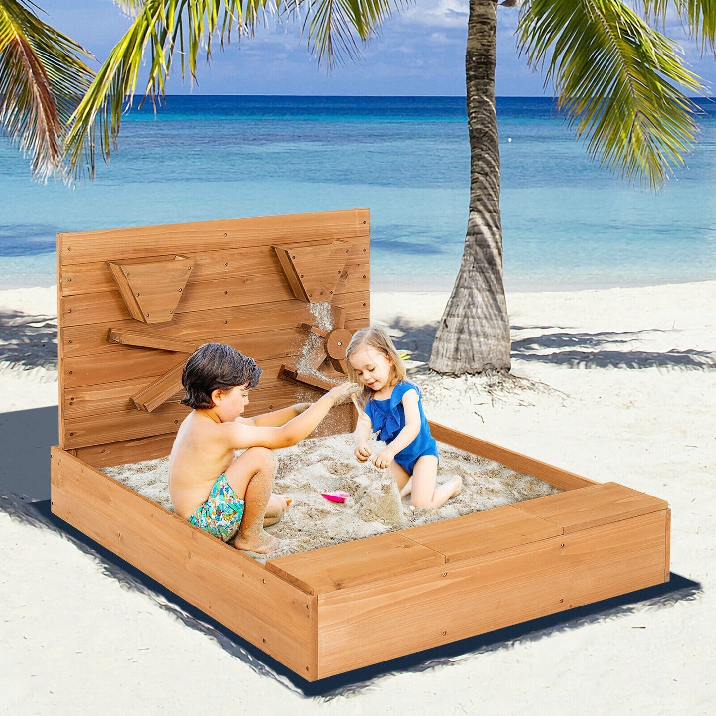 Kids Wooden Square Sandbox with Cover Kids Crystal