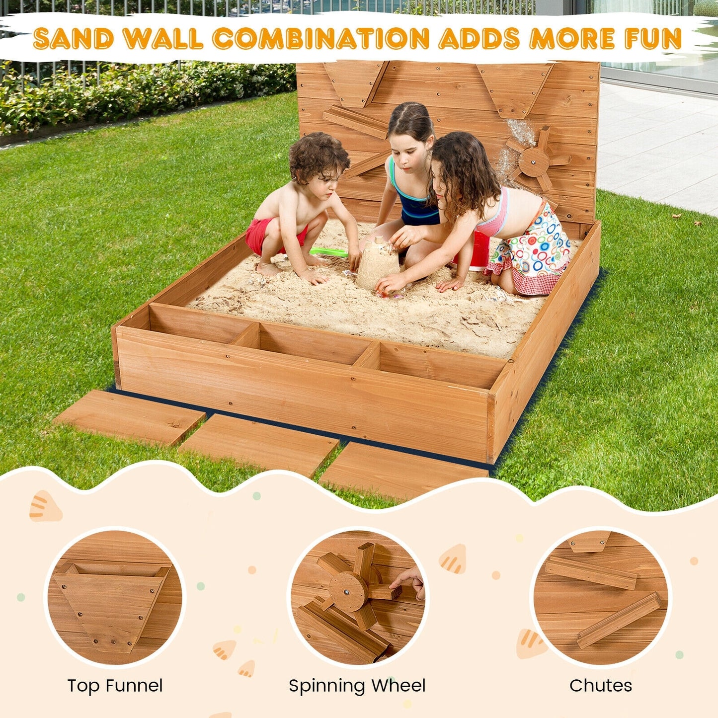 Kids Wooden Square Sandbox with Cover Kids Crystal
