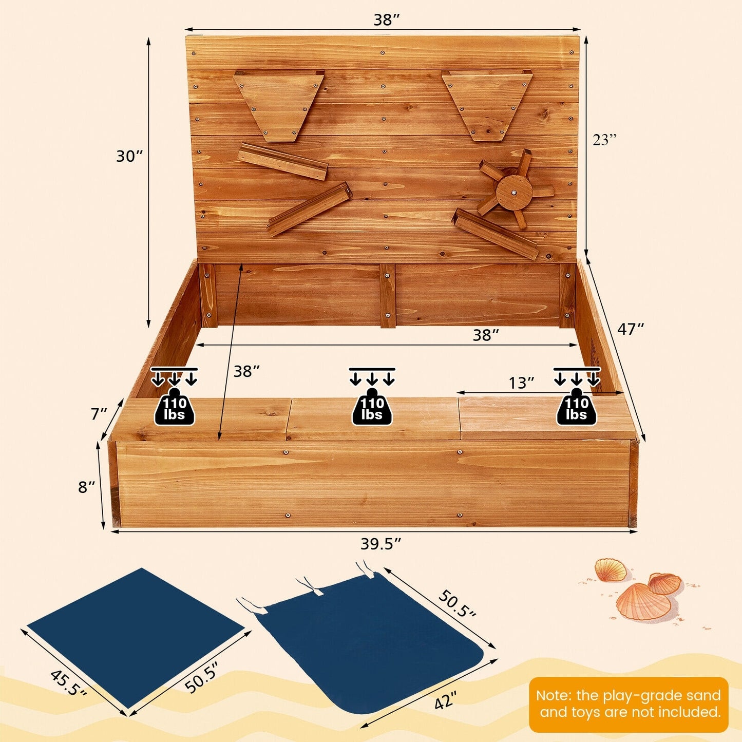 Kids Wooden Square Sandbox with Cover Kids Crystal
