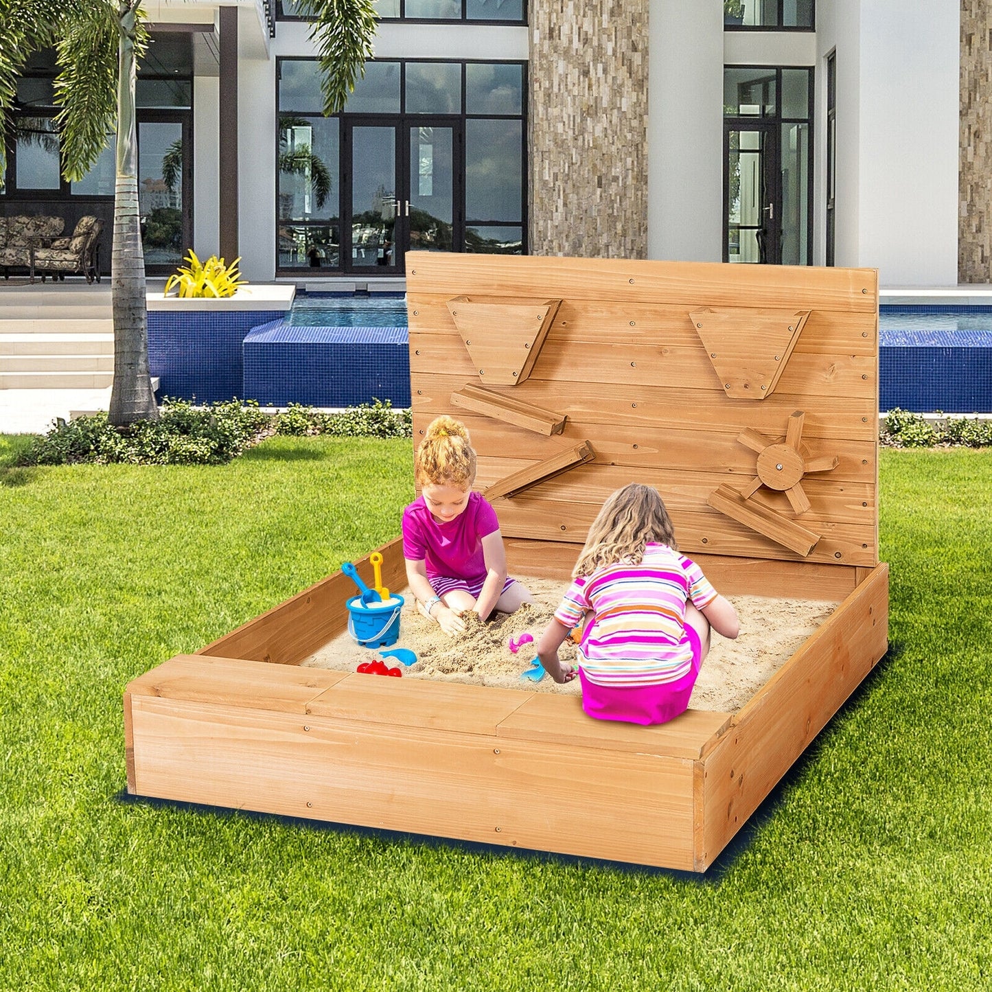 Kids Wooden Square Sandbox with Cover Kids Crystal