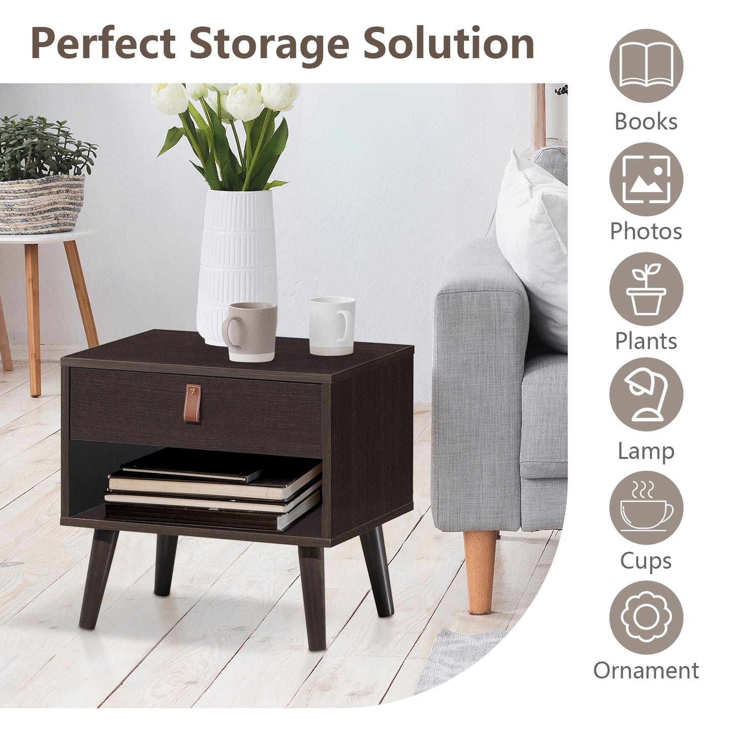 Nightstand Bedroom Table with Drawer Storage Shelf-Brown Kids Crystal