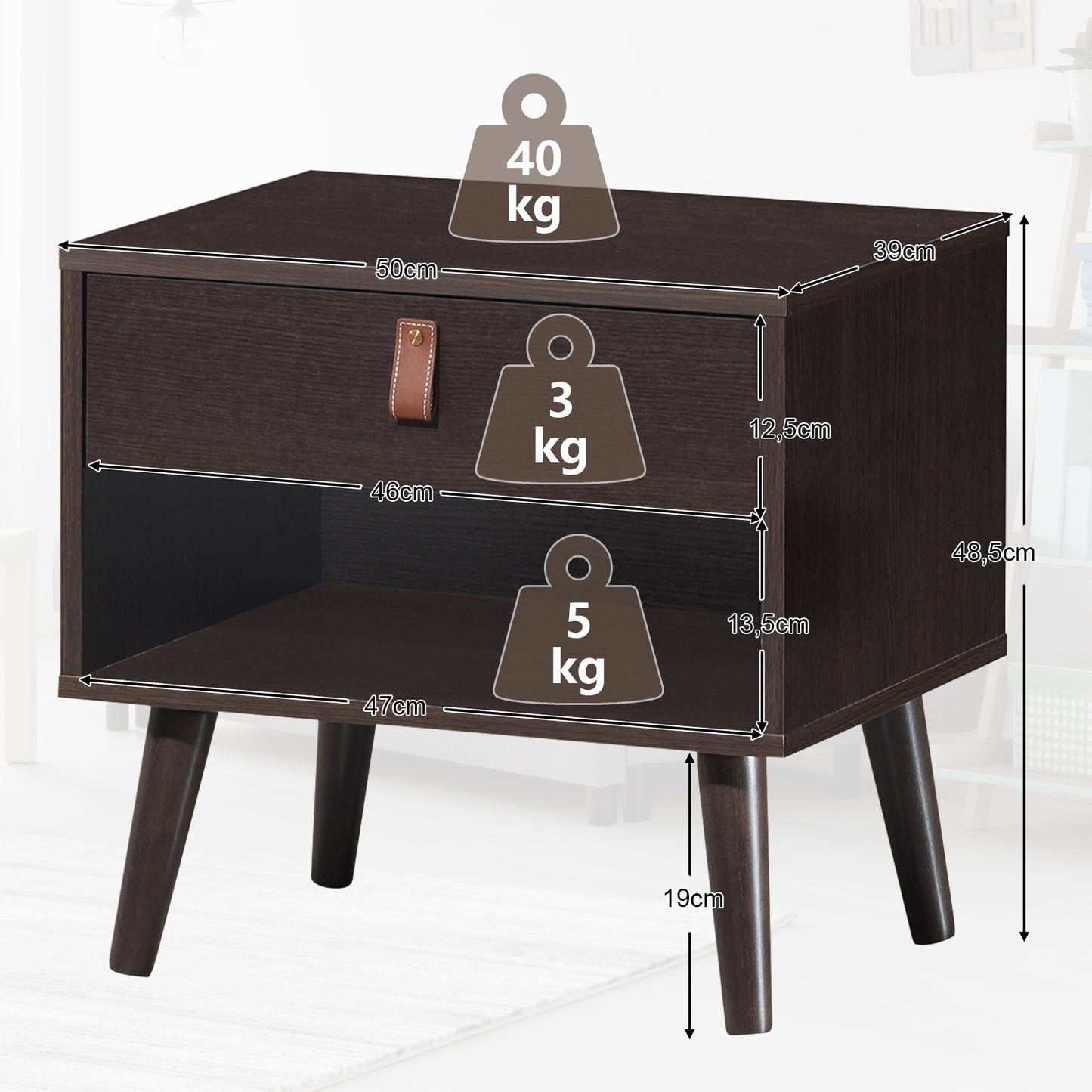 Nightstand Bedroom Table with Drawer Storage Shelf-Brown Kids Crystal