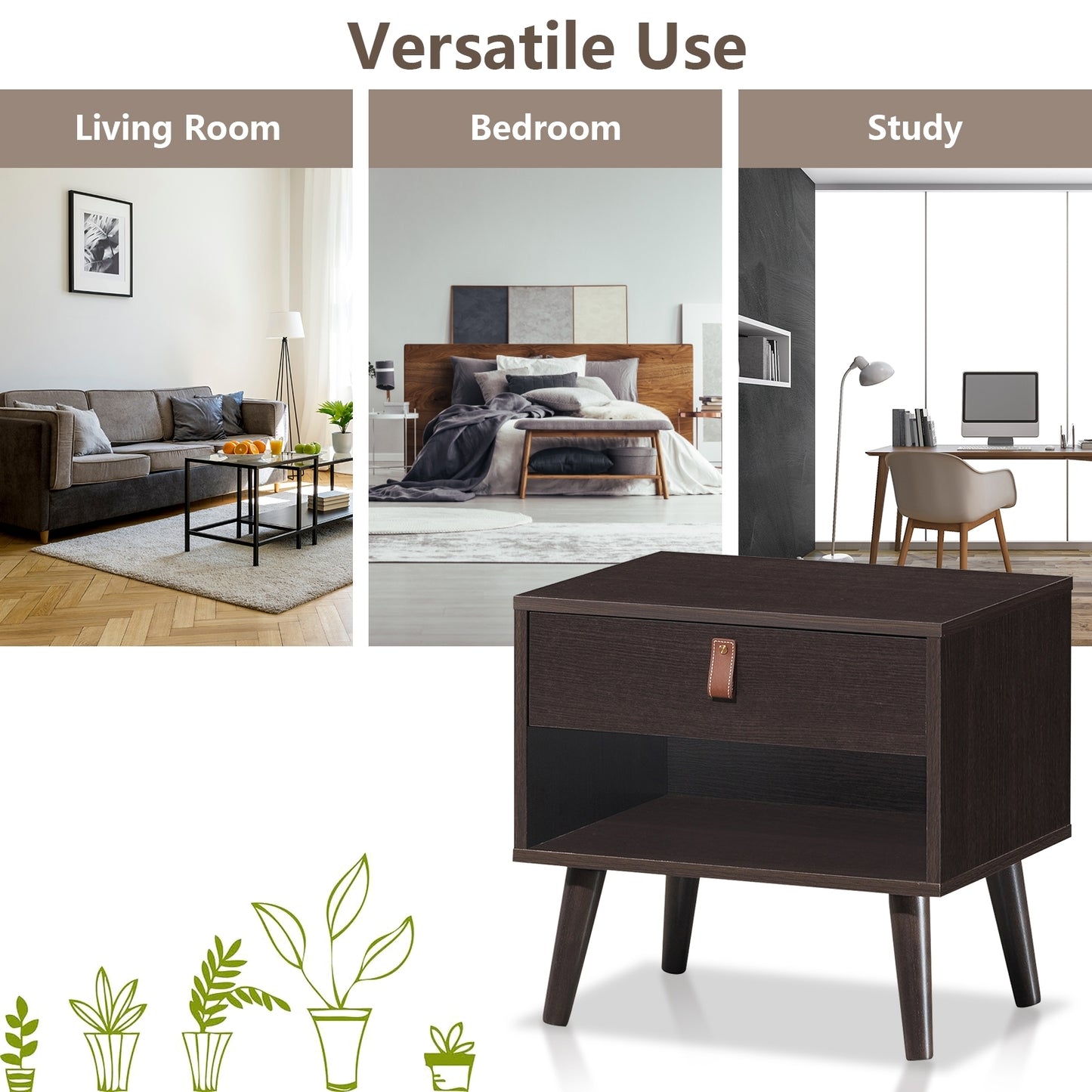 Nightstand Bedroom Table with Drawer Storage Shelf-Brown Kids Crystal