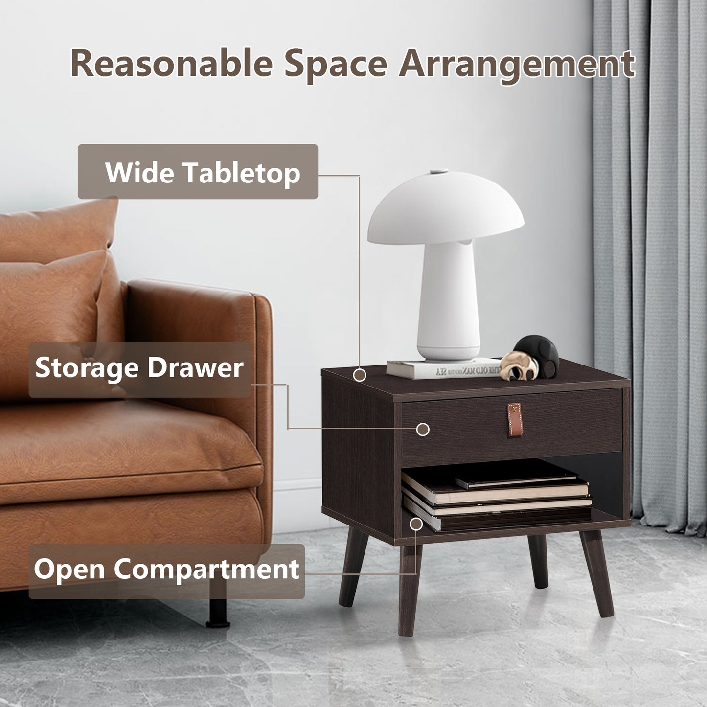 Nightstand Bedroom Table with Drawer Storage Shelf-Brown Kids Crystal